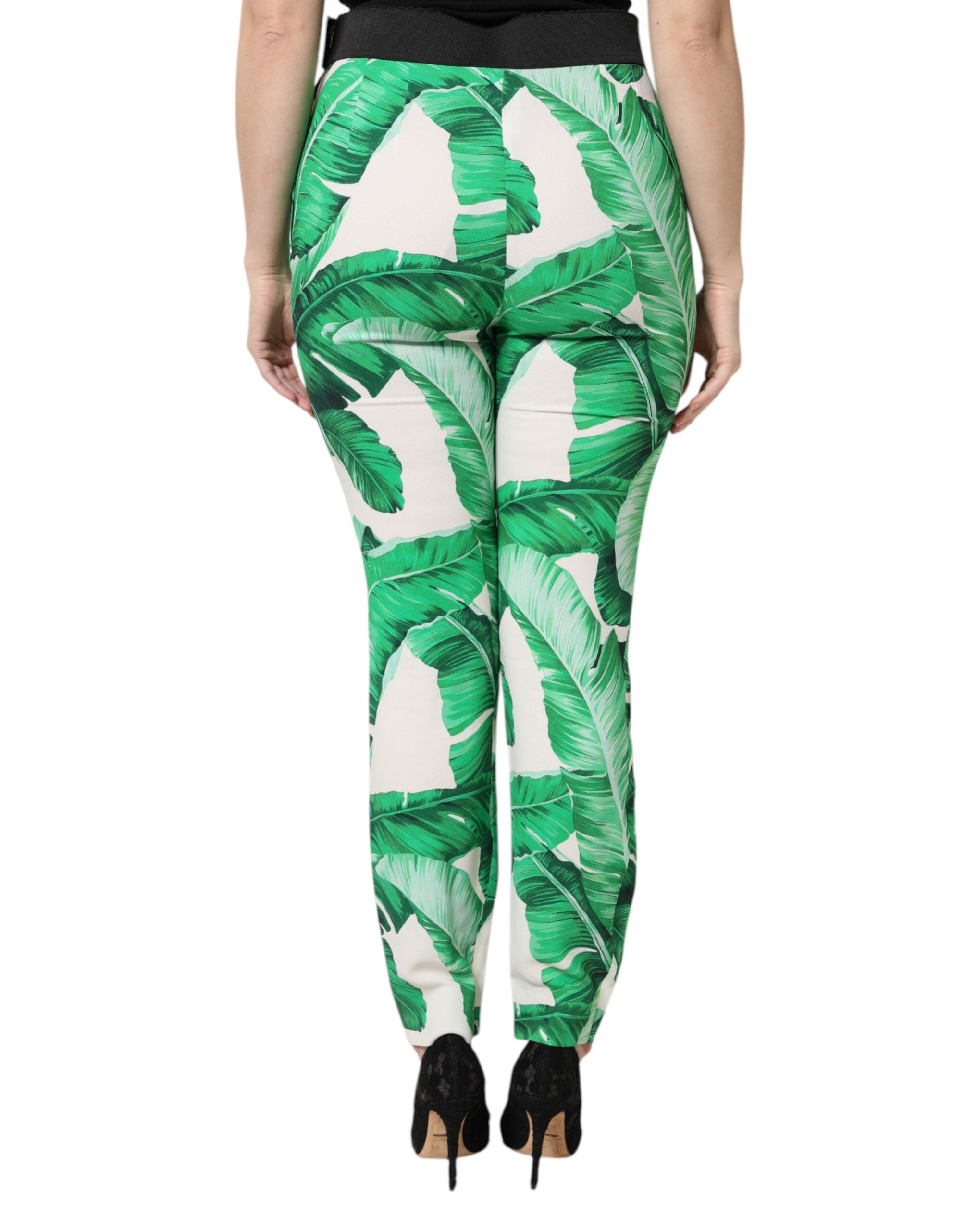 Dolce & Gabbana White Green Leaf High Waist Women's Pants