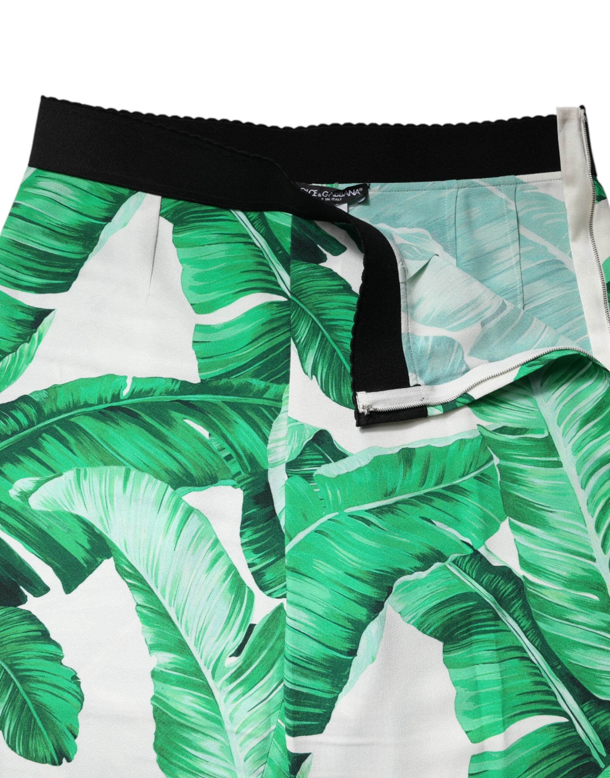 Dolce & Gabbana White Green Leaf High Waist Women's Pants