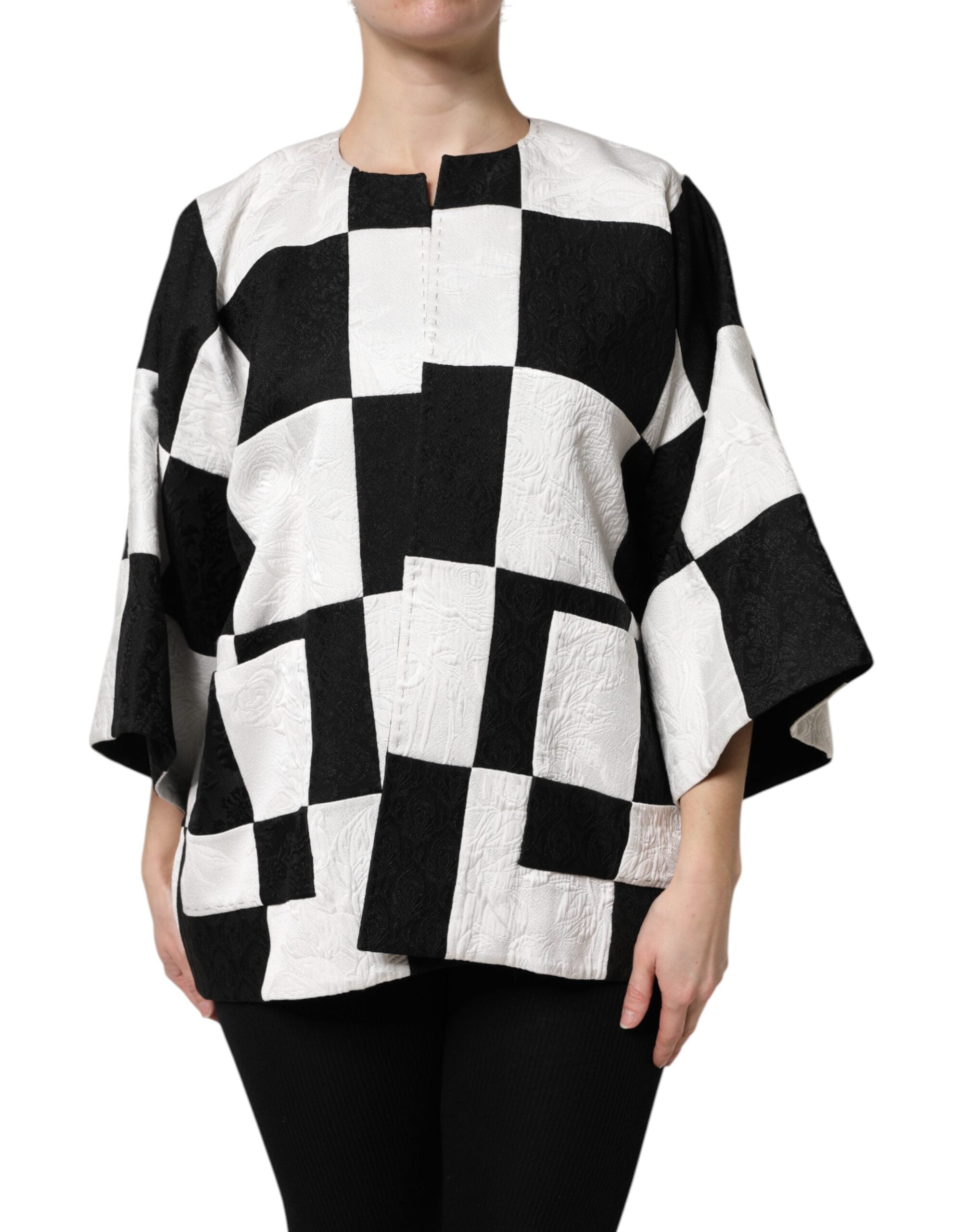 Dolce & Gabbana White Black Patchwork Jacquard Blazer Women's Jacket