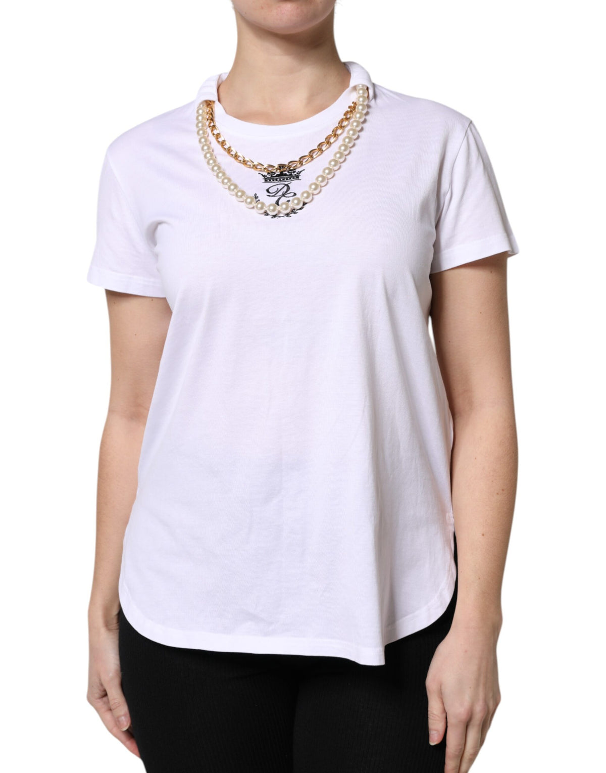 Dolce & Gabbana White Chain Pearl Cotton Round Neck Women's T-shirt