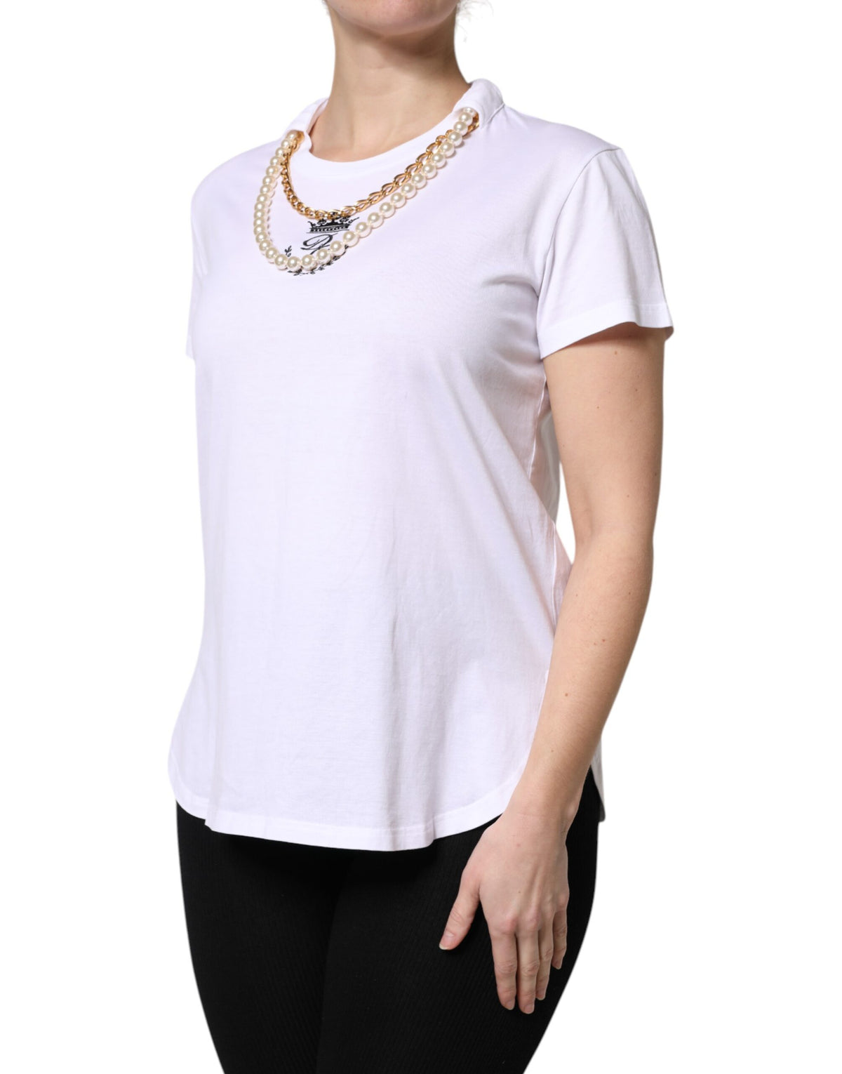 Dolce & Gabbana White Chain Pearl Cotton Round Neck Women's T-shirt