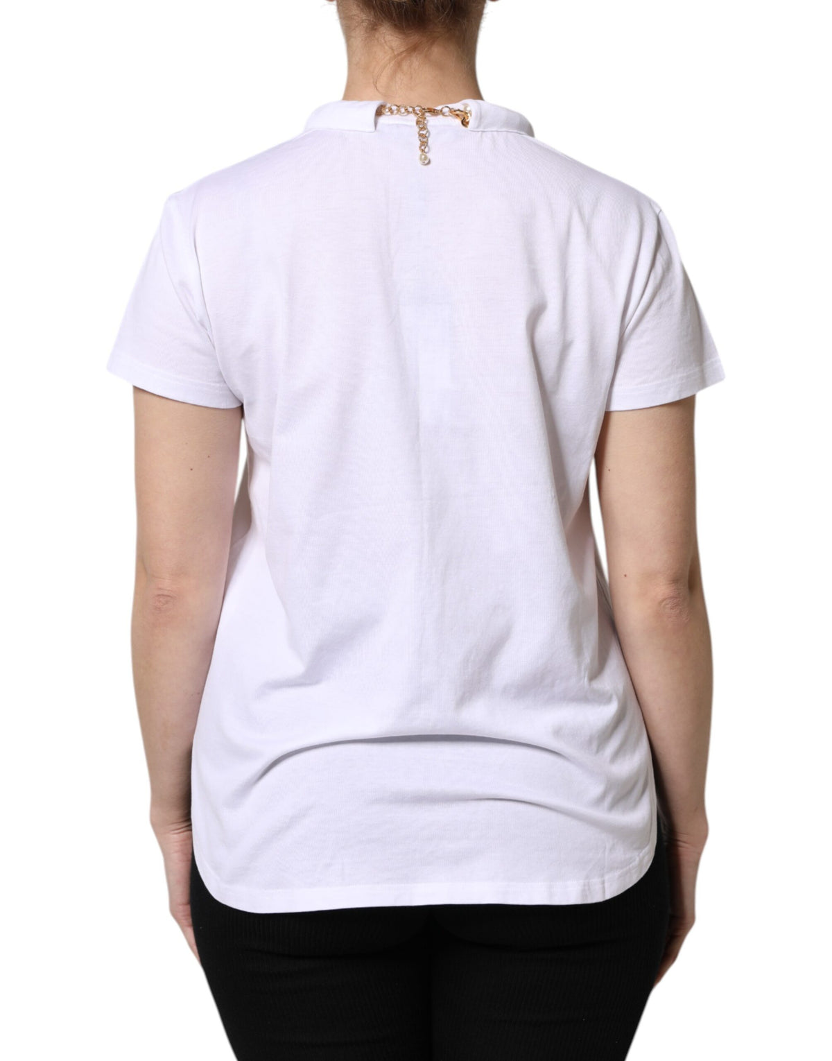 Dolce & Gabbana White Chain Pearl Cotton Round Neck Women's T-shirt