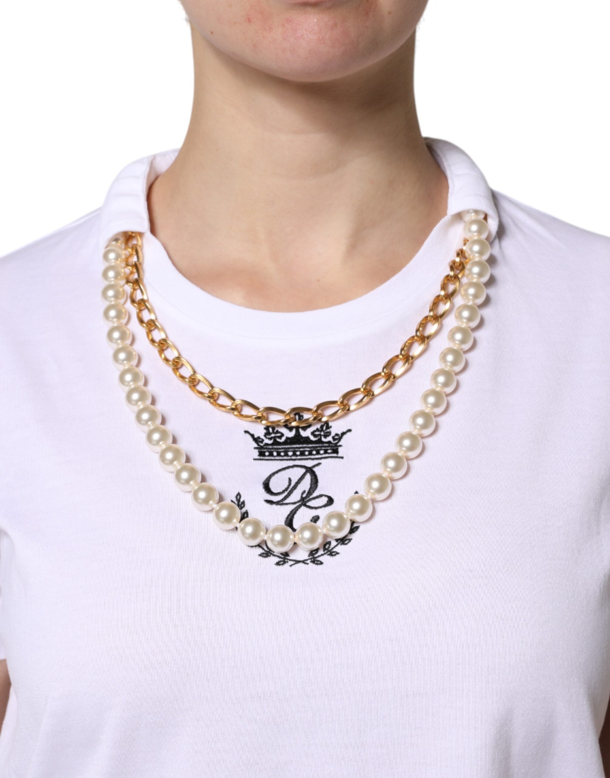 Dolce & Gabbana White Chain Pearl Cotton Round Neck Women's T-shirt