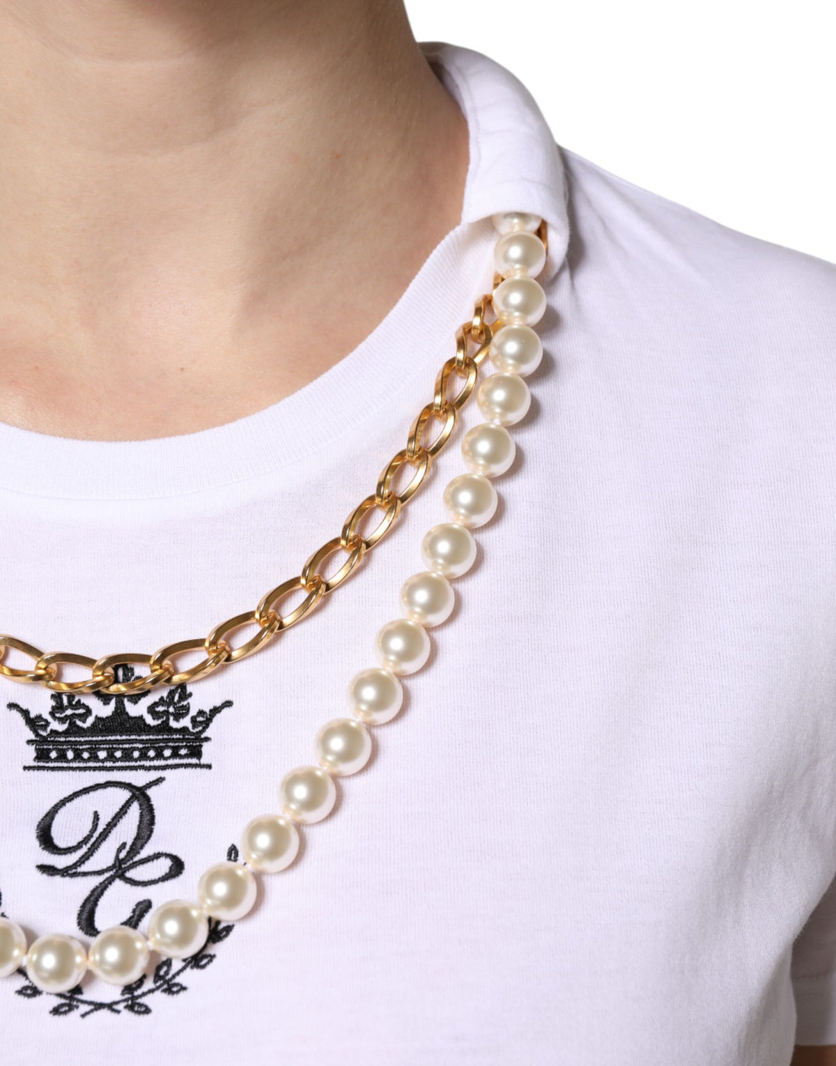 Dolce & Gabbana White Chain Pearl Cotton Round Neck Women's T-shirt