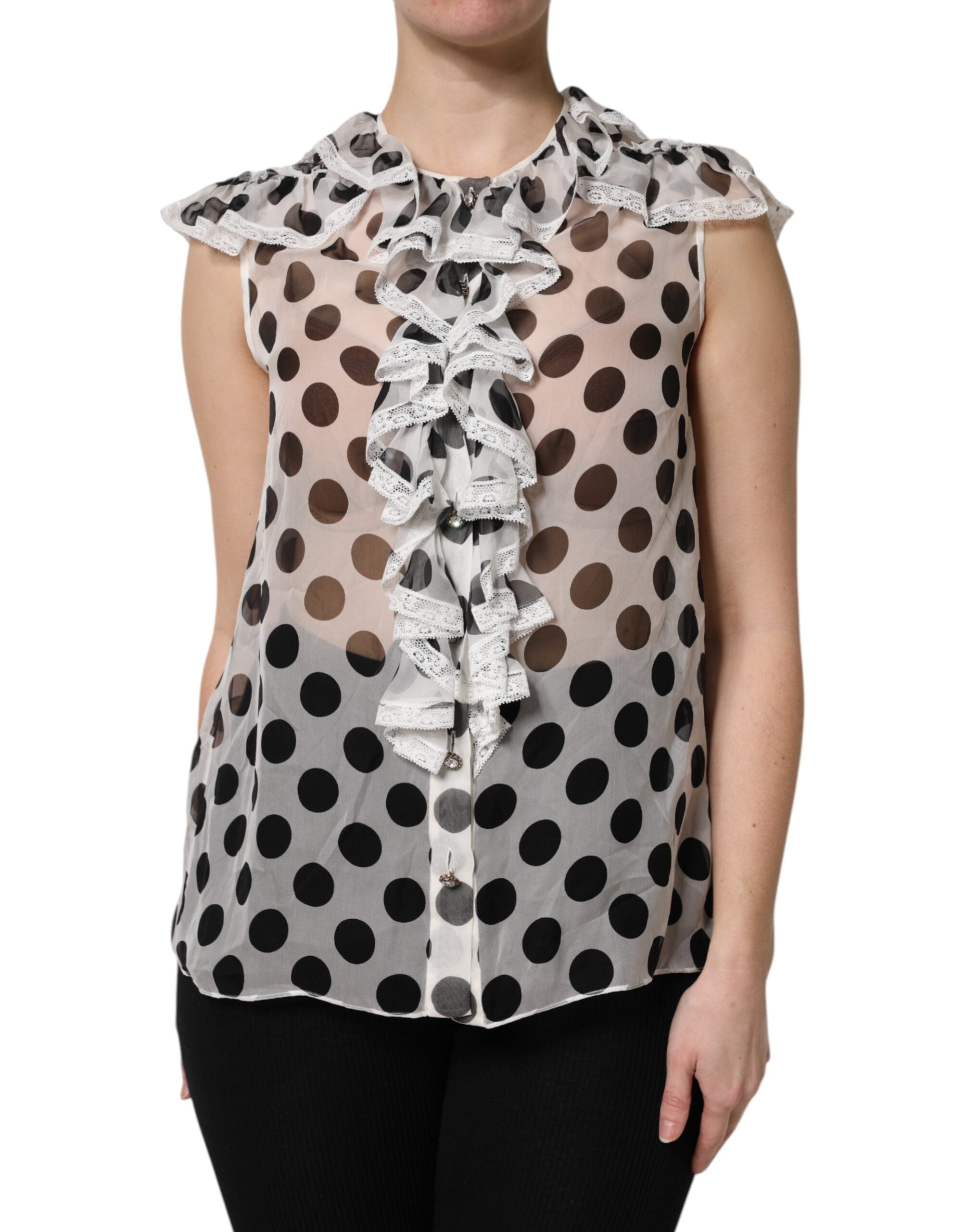 Dolce & Gabbana White Black Polka Dot Cotton Sleeveless Women's Top