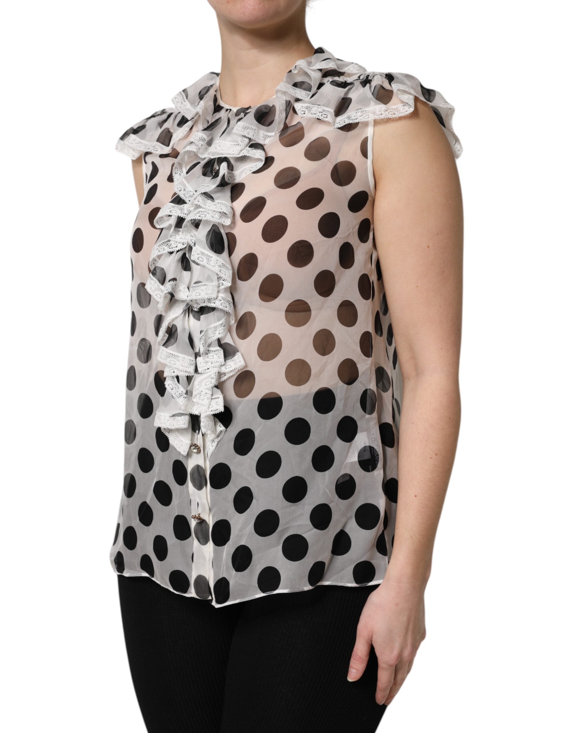 Dolce & Gabbana White Black Polka Dot Cotton Sleeveless Women's Top