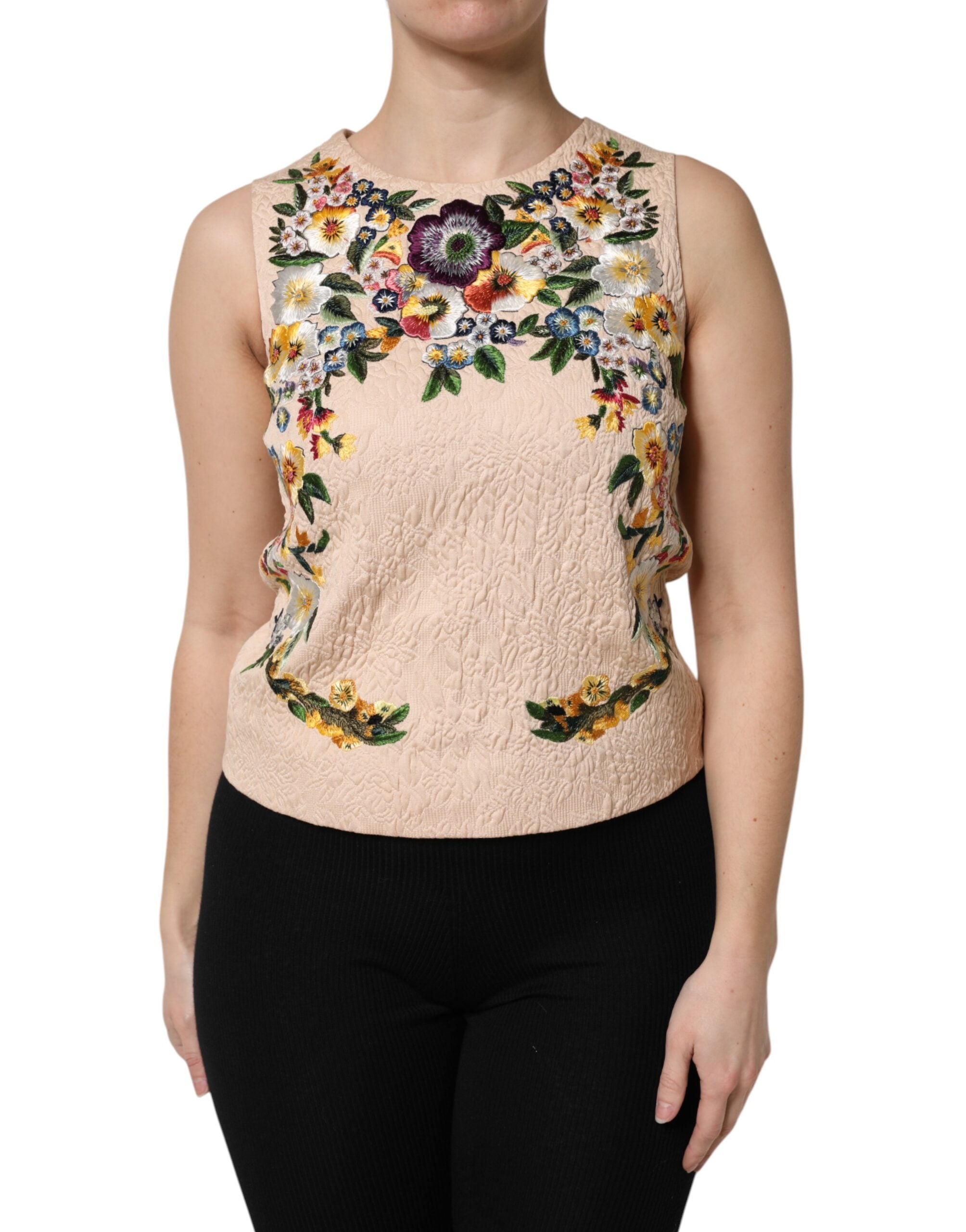 Dolce & Gabbana Beige Floral Embroidery Sleeveless Tank Women's Top