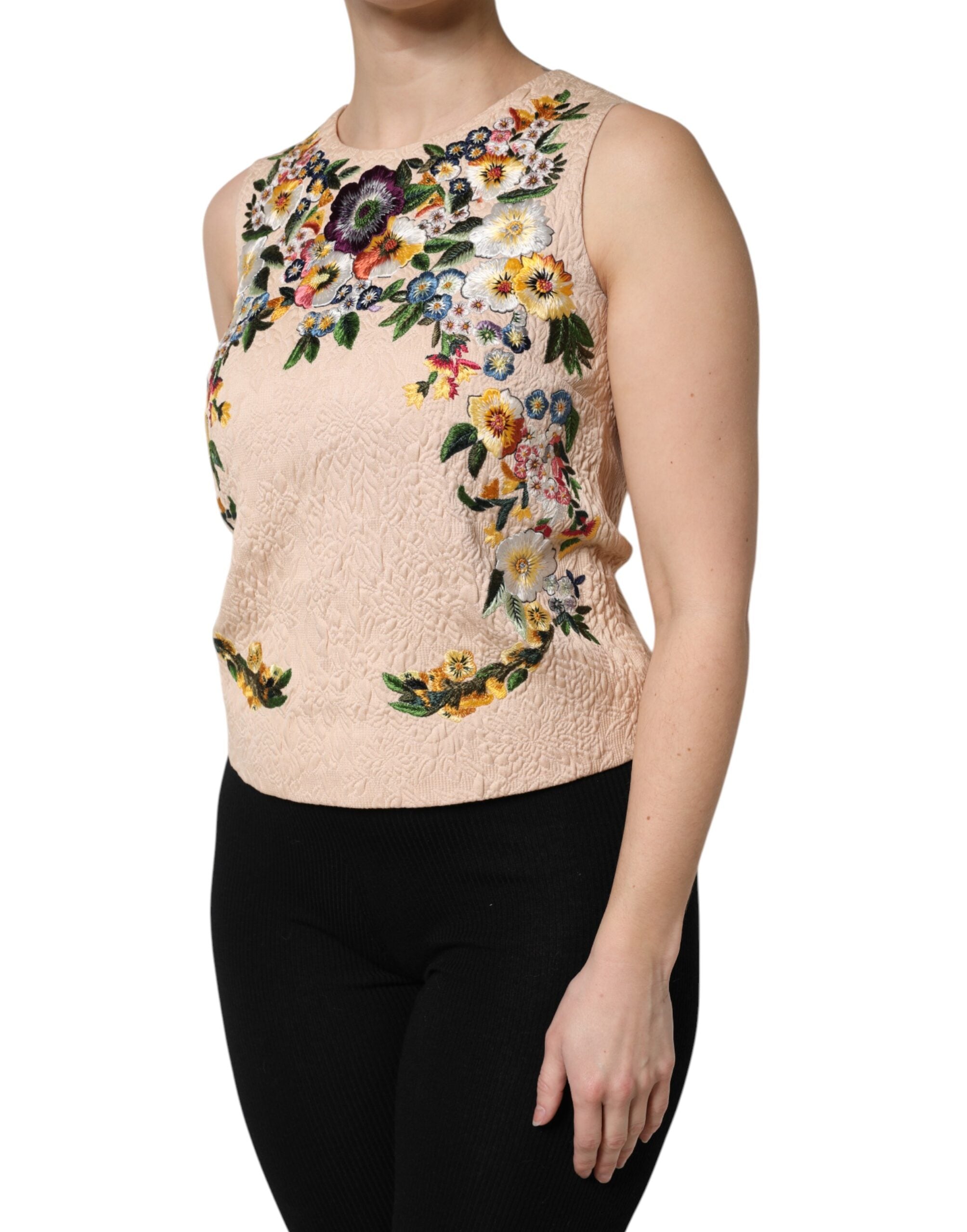 Dolce & Gabbana Beige Floral Embroidery Sleeveless Tank Women's Top