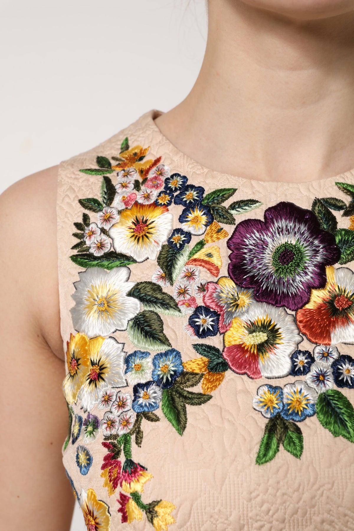 Dolce & Gabbana Beige Floral Embroidery Sleeveless Tank Women's Top