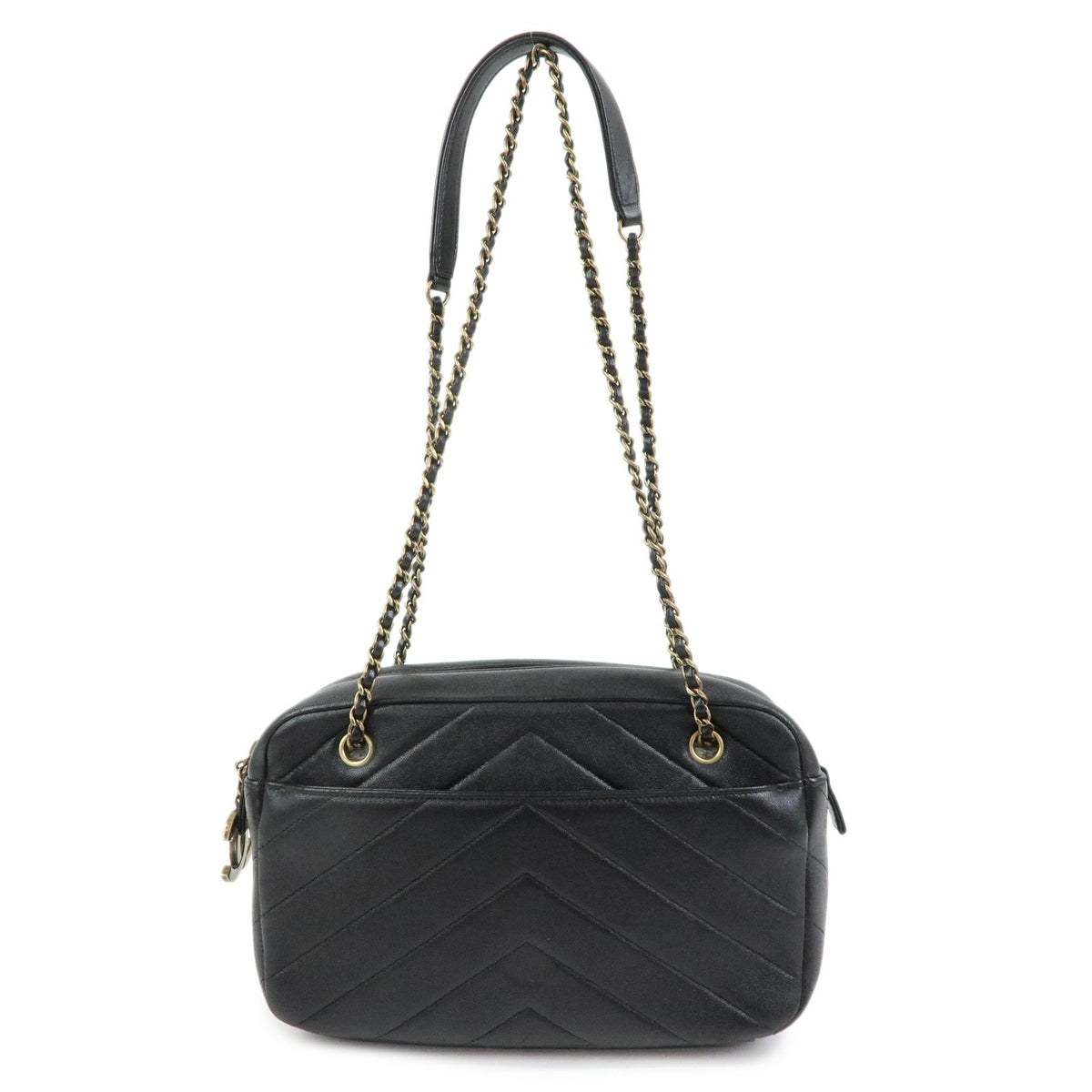 Chanel Camera Chevron Lambskin Black Leather Handbag (Pre-Owned)
