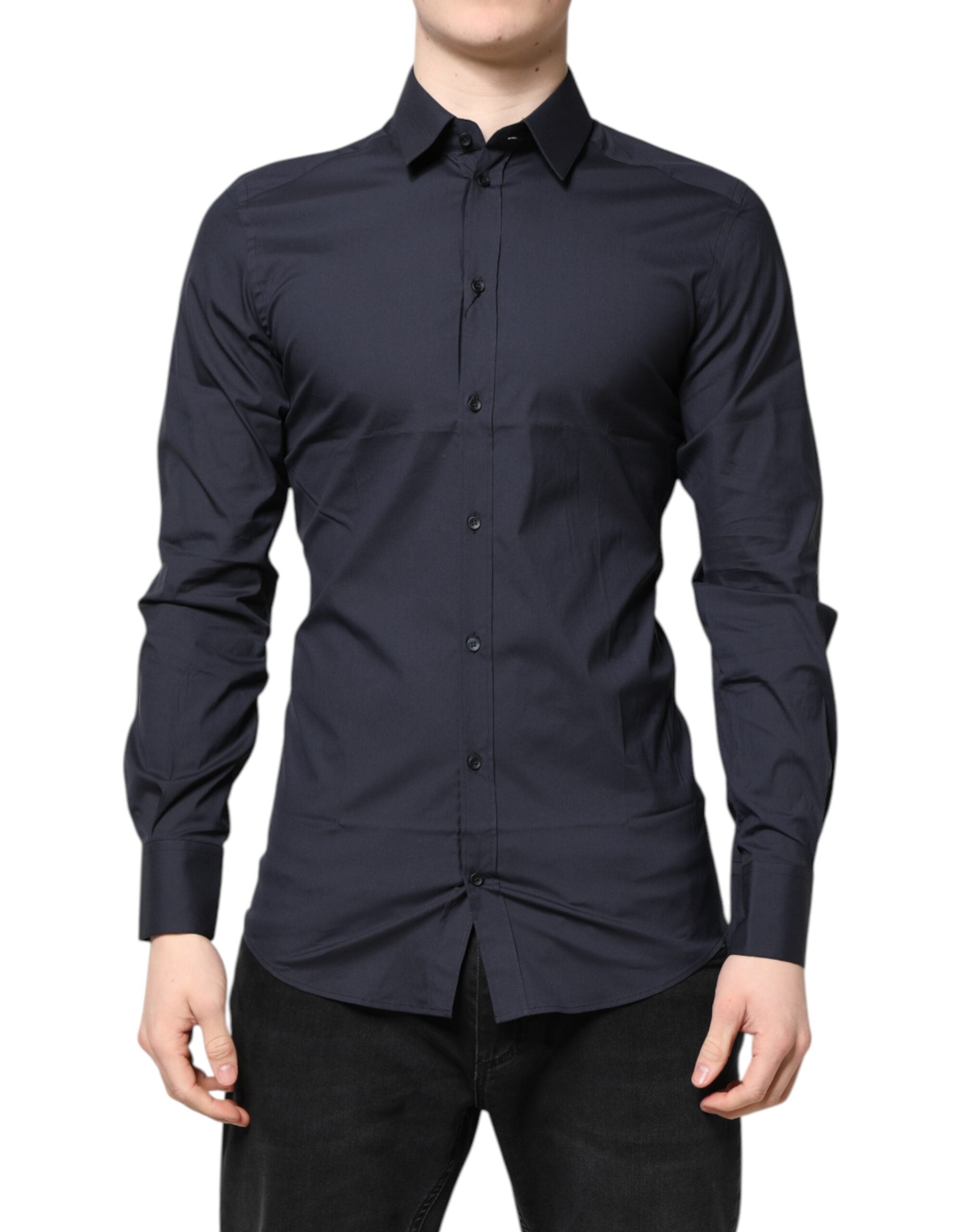 Dolce & Gabbana Dark Blue GOLD Cotton Dress Formal Men's Shirt (Pre-Owned)