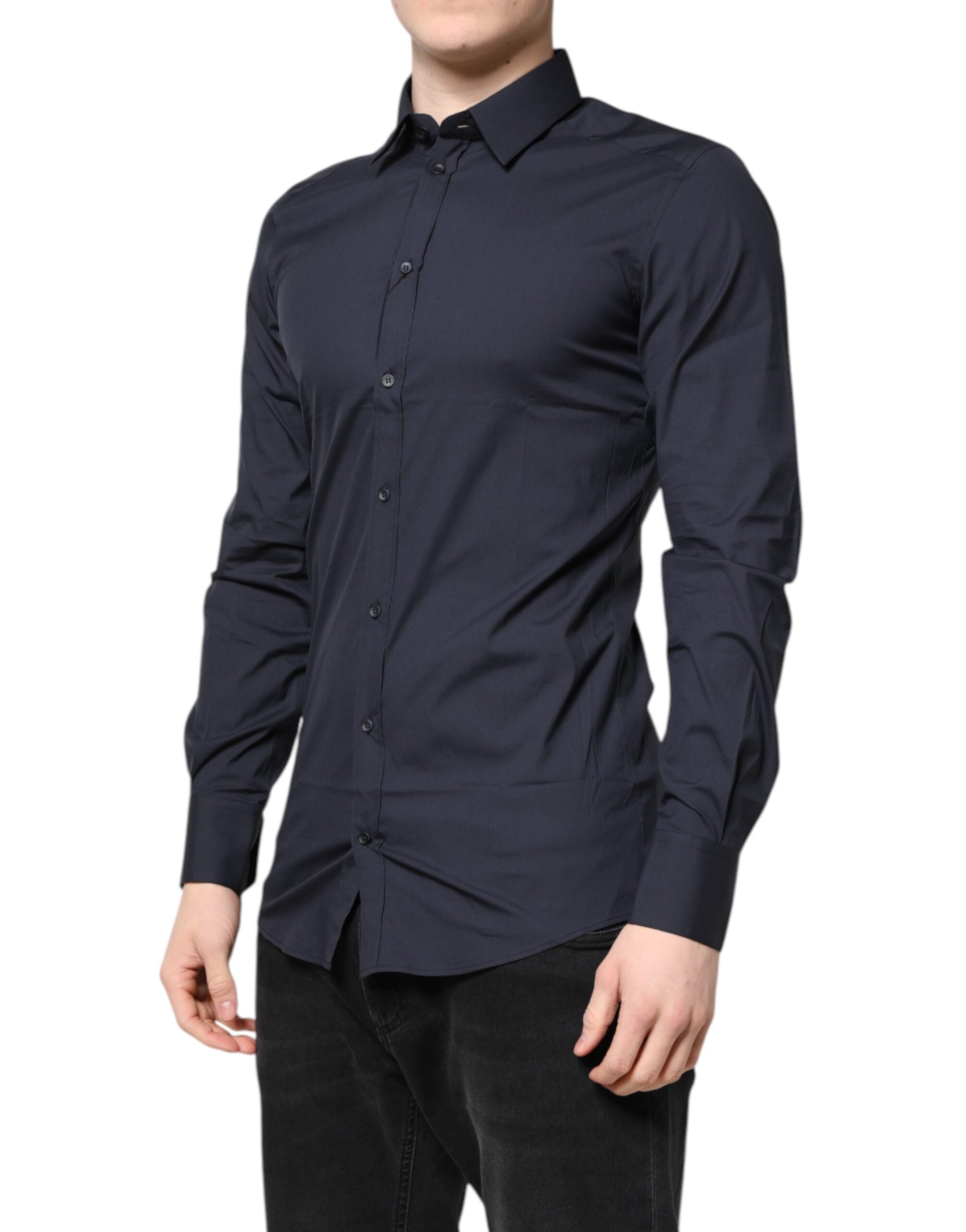 Dolce & Gabbana Dark Blue GOLD Cotton Dress Formal Men's Shirt (Pre-Owned)