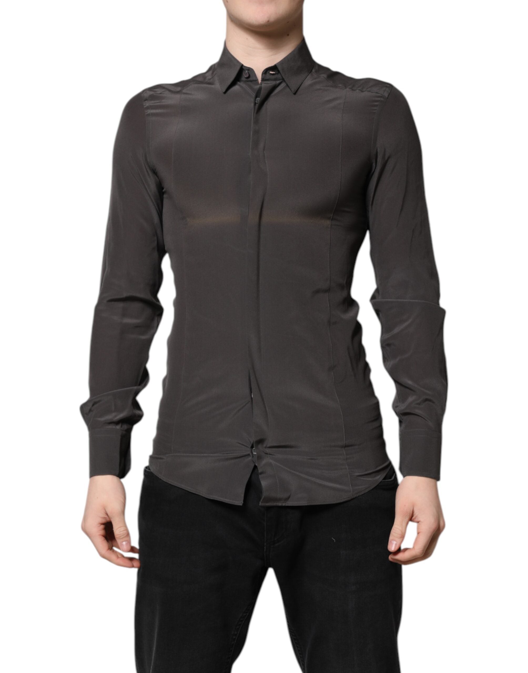 Dolce & Gabbana Dark Gray Silk GOLD Dress Formal Men's Shirt (Pre-Owned)