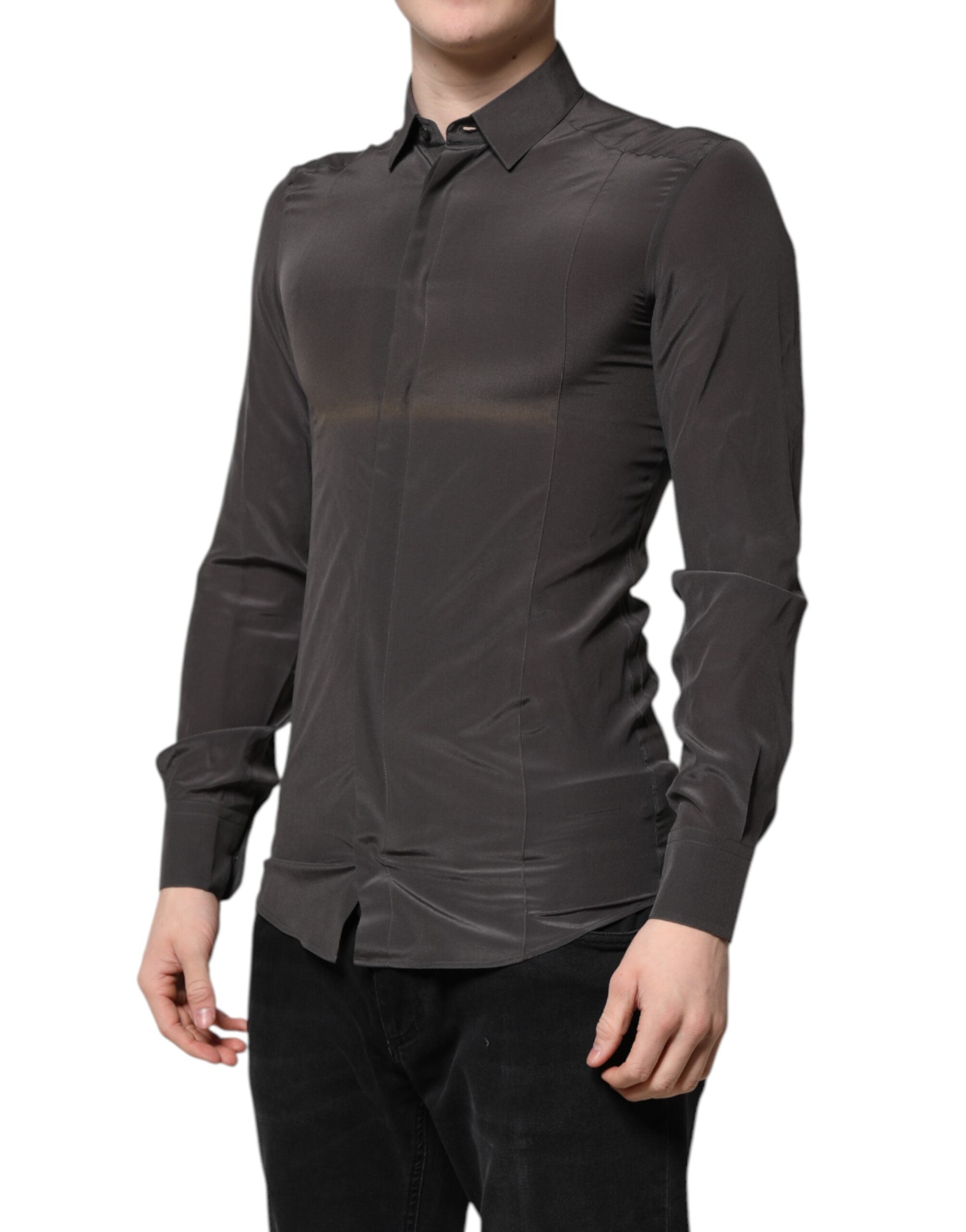 Dolce & Gabbana Dark Gray Silk GOLD Dress Formal Men's Shirt (Pre-Owned)