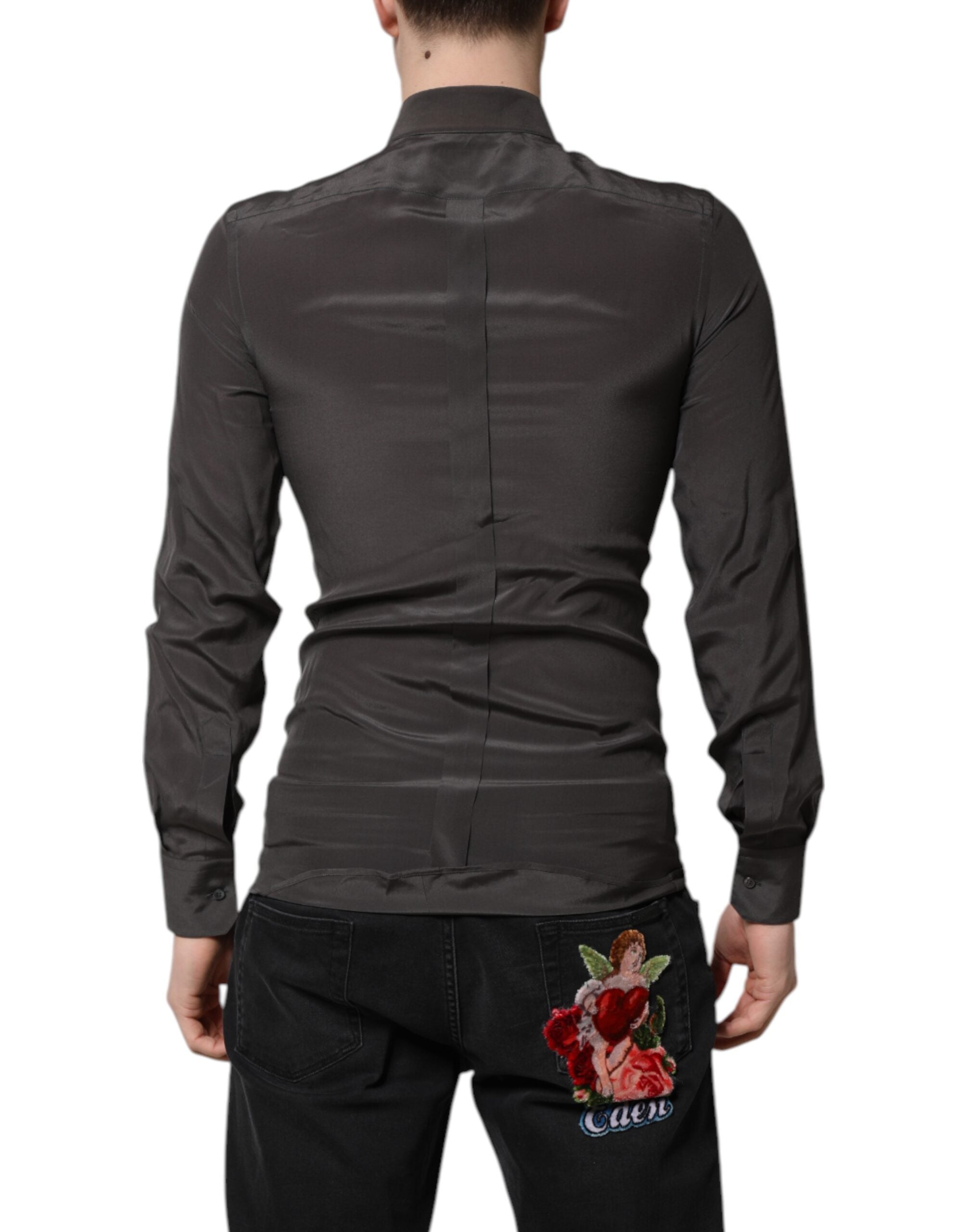 Dolce & Gabbana Dark Gray Silk GOLD Dress Formal Men's Shirt (Pre-Owned)