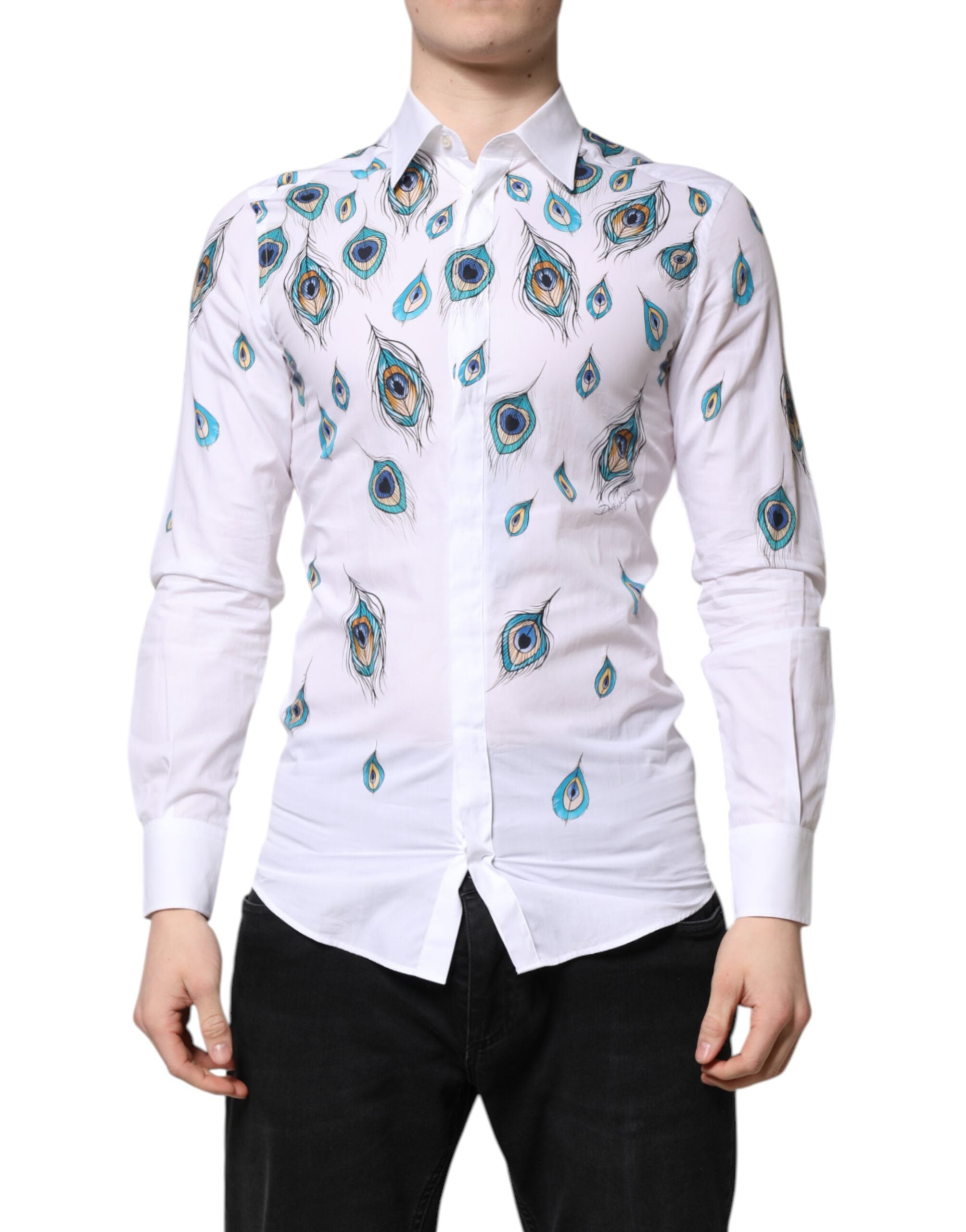 Dolce & Gabbana White Cotton Feather Print GOLD Dress Men's Shirt