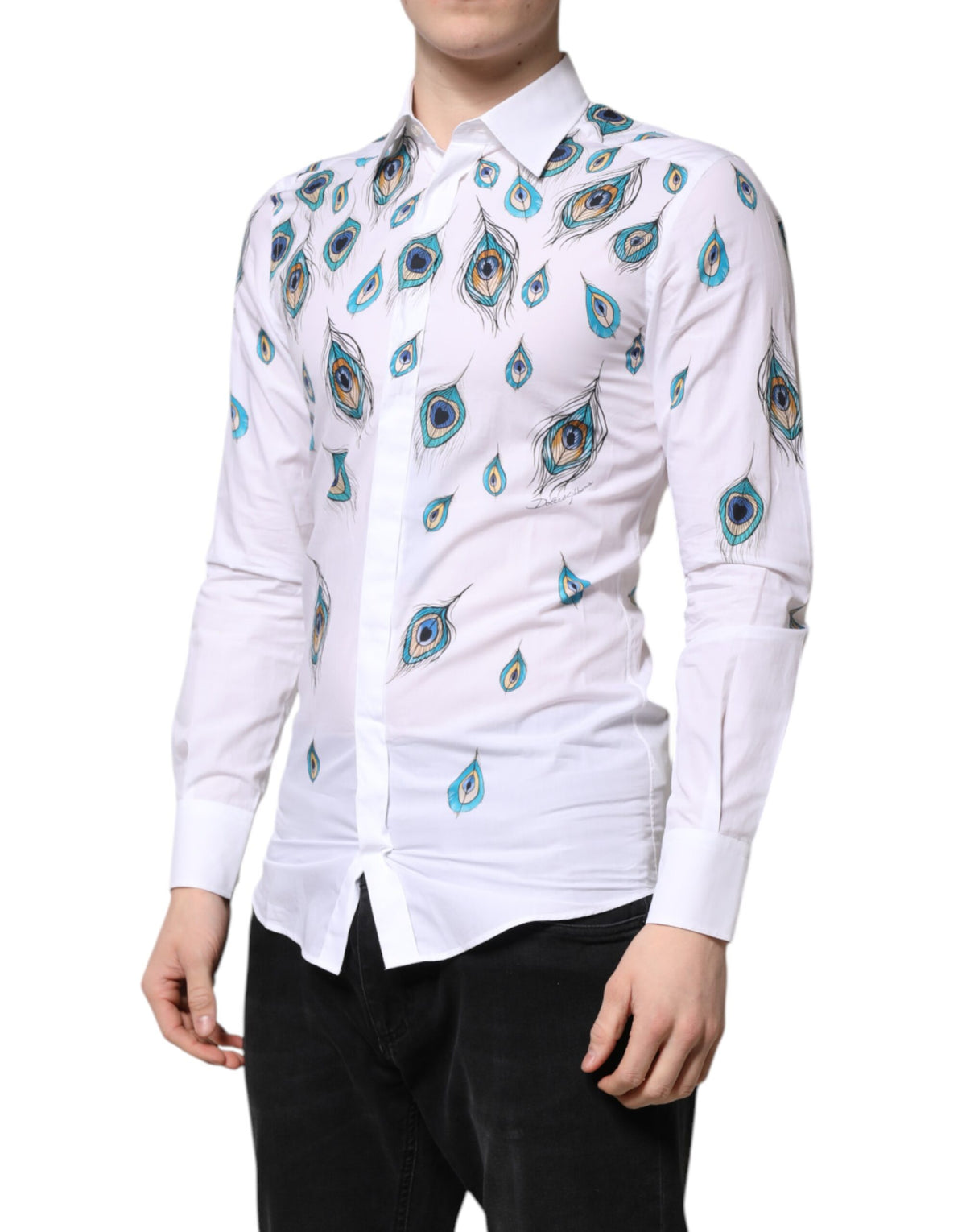 Dolce & Gabbana White Cotton Feather Print GOLD Dress Men's Shirt