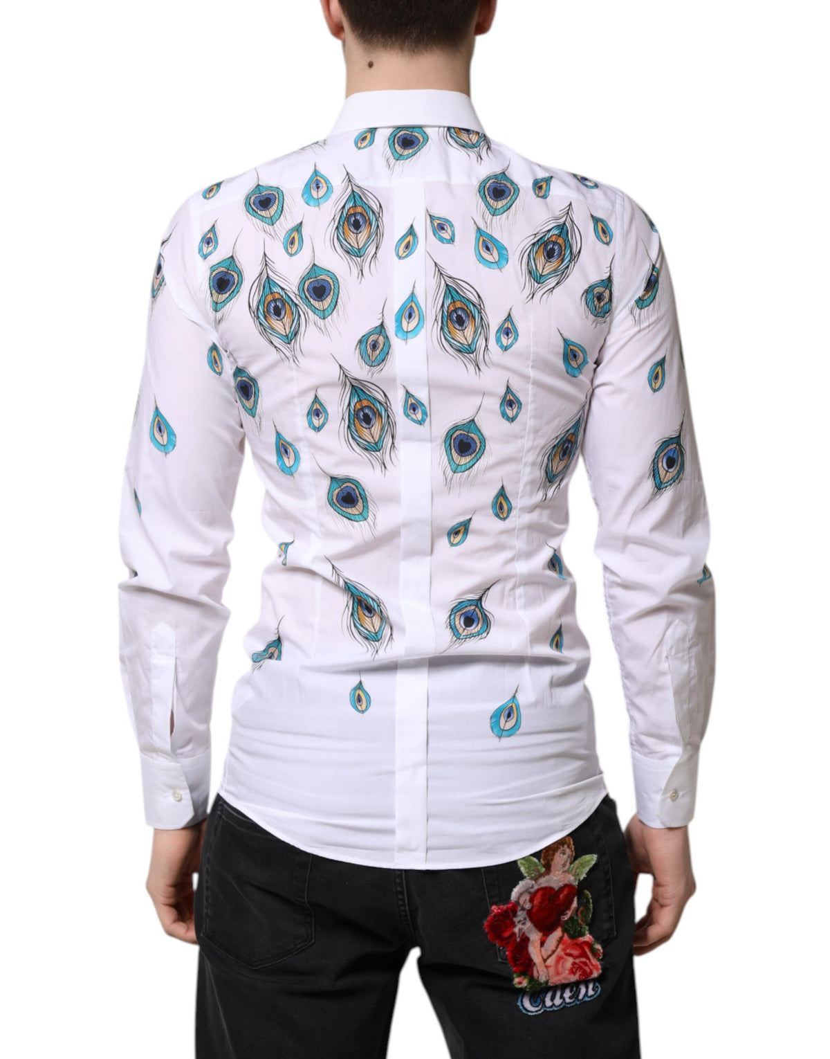 Dolce & Gabbana White Cotton Feather Print GOLD Dress Men's Shirt