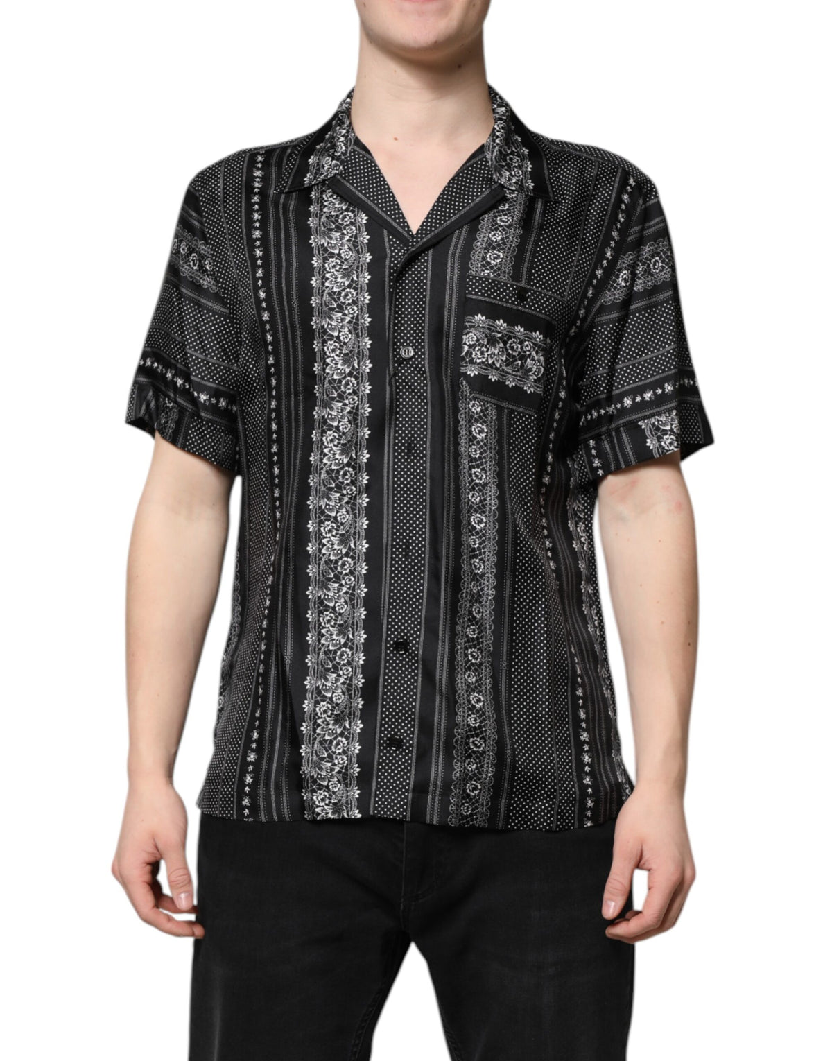 Dolce & Gabbana Black Silk Floral Print Short Sleeves Men's Shirt