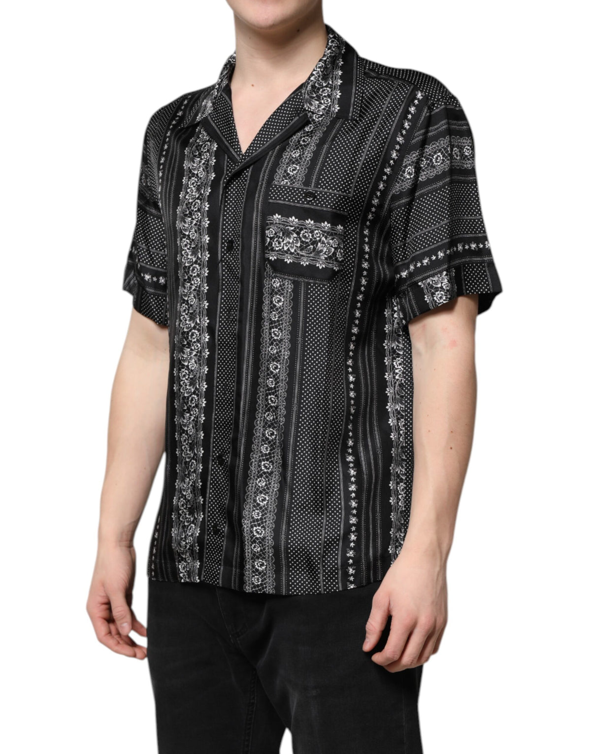 Dolce & Gabbana Black Silk Floral Print Short Sleeves Men's Shirt