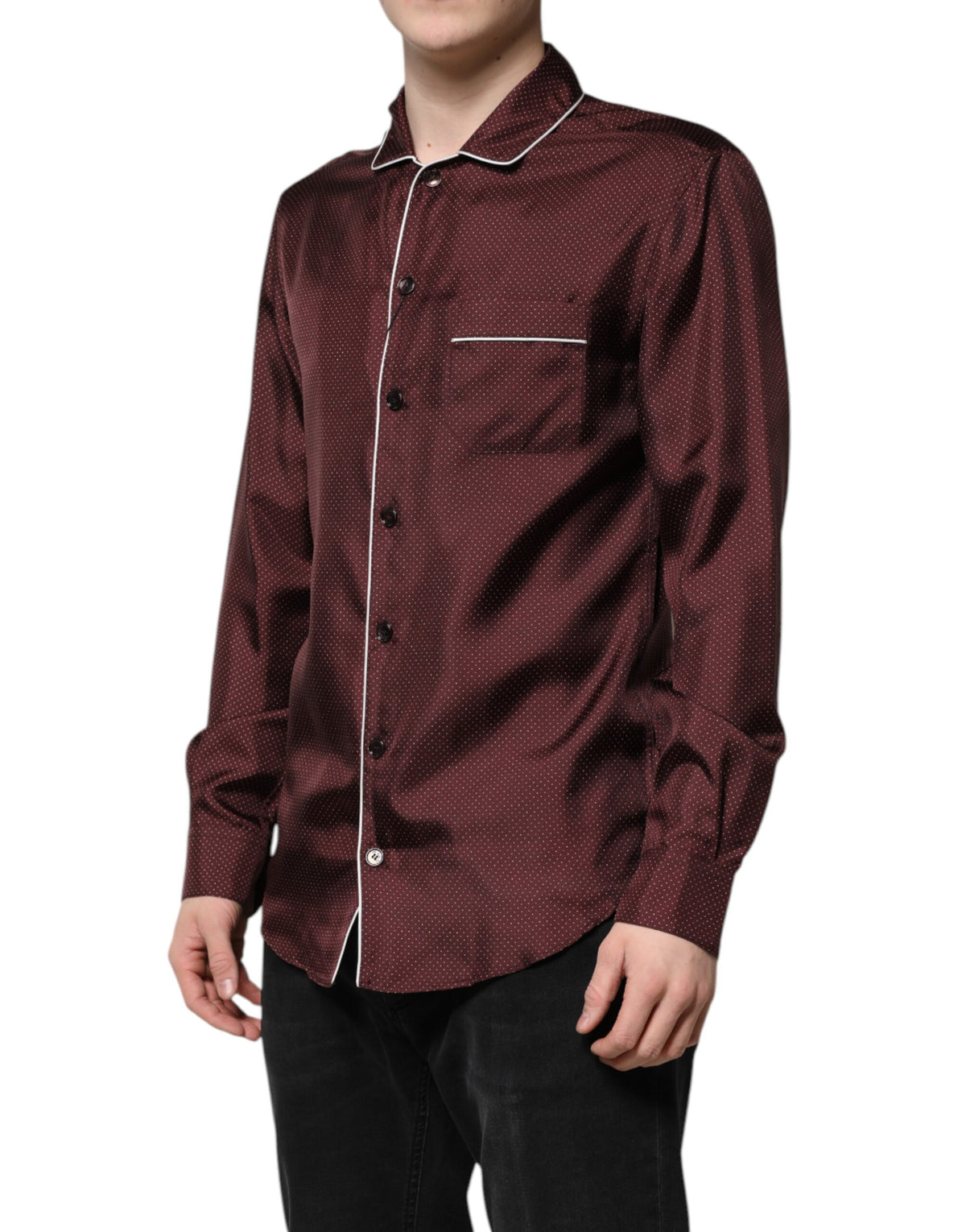 Dolce & Gabbana Burgundy Silk Dotted Long Sleeves Men's Shirt
