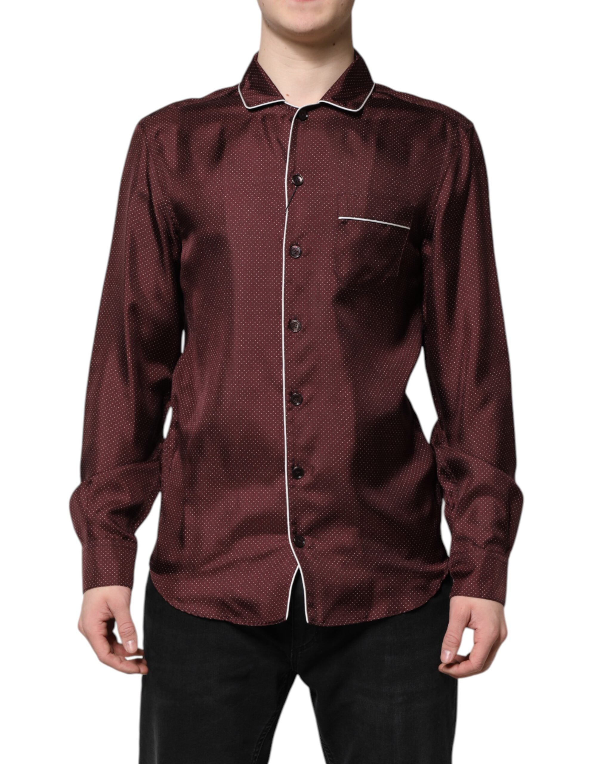 Dolce & Gabbana Burgundy Silk Dotted Long Sleeves Men's Shirt