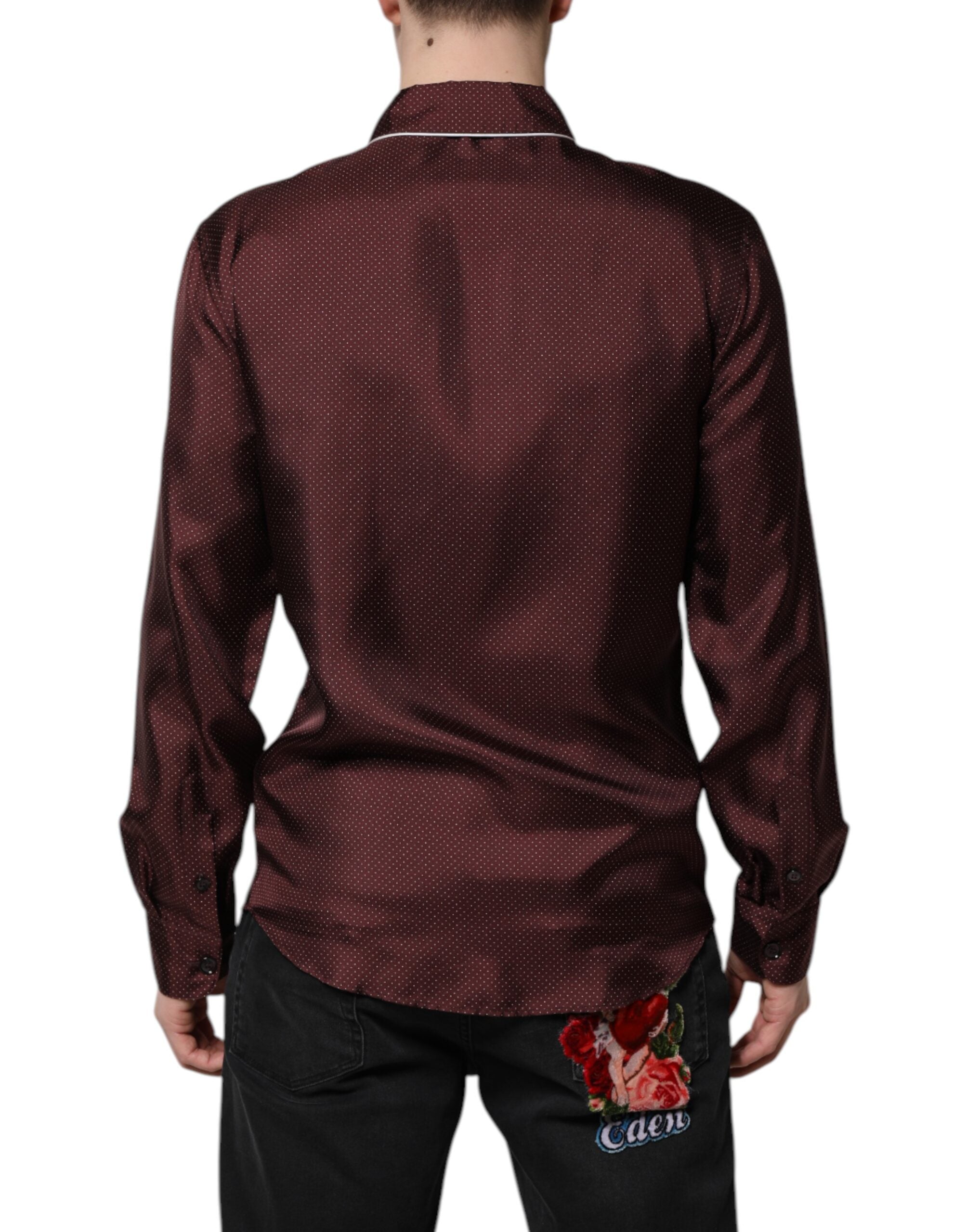 Dolce & Gabbana Burgundy Silk Dotted Long Sleeves Men's Shirt