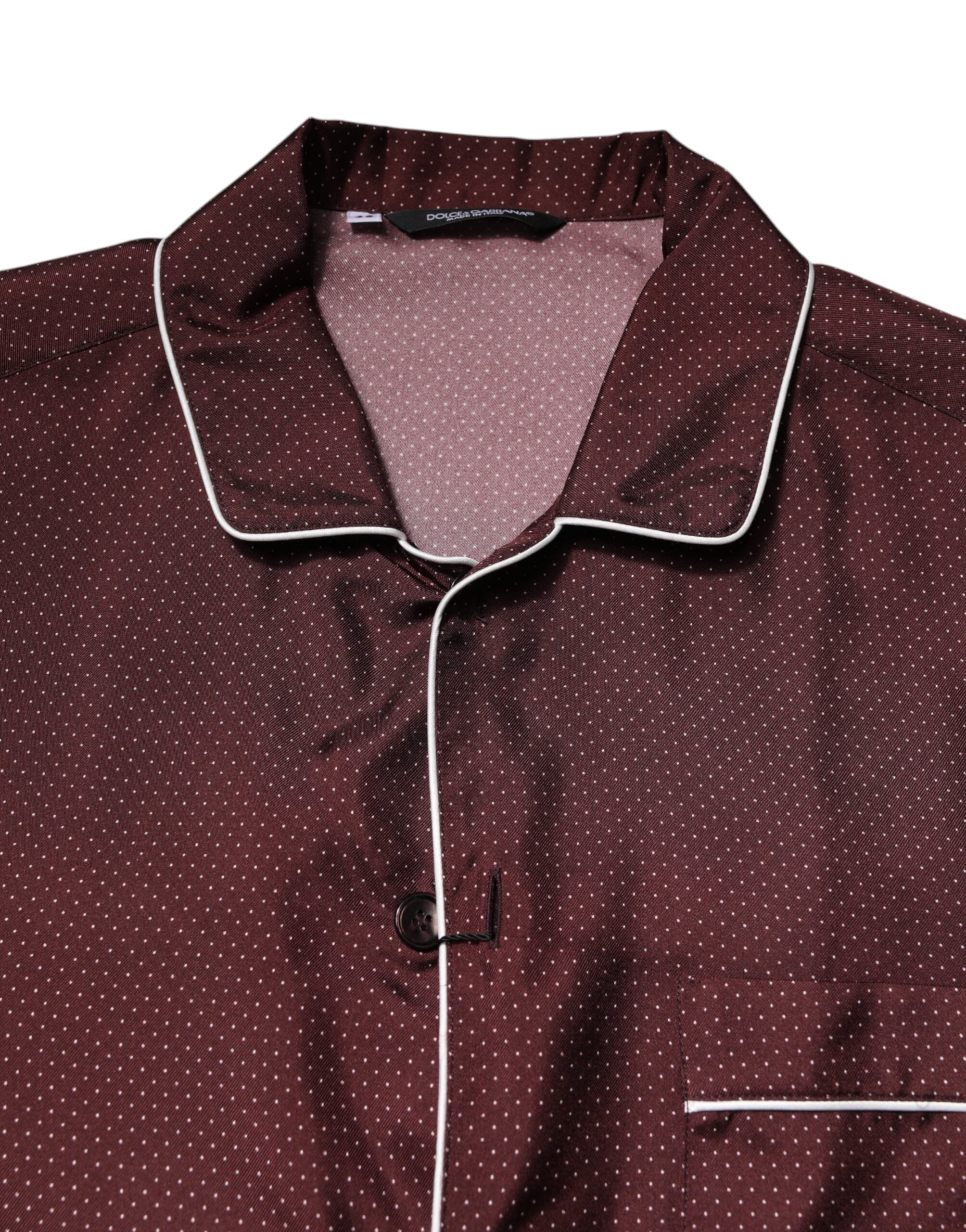 Dolce & Gabbana Burgundy Silk Dotted Long Sleeves Men's Shirt