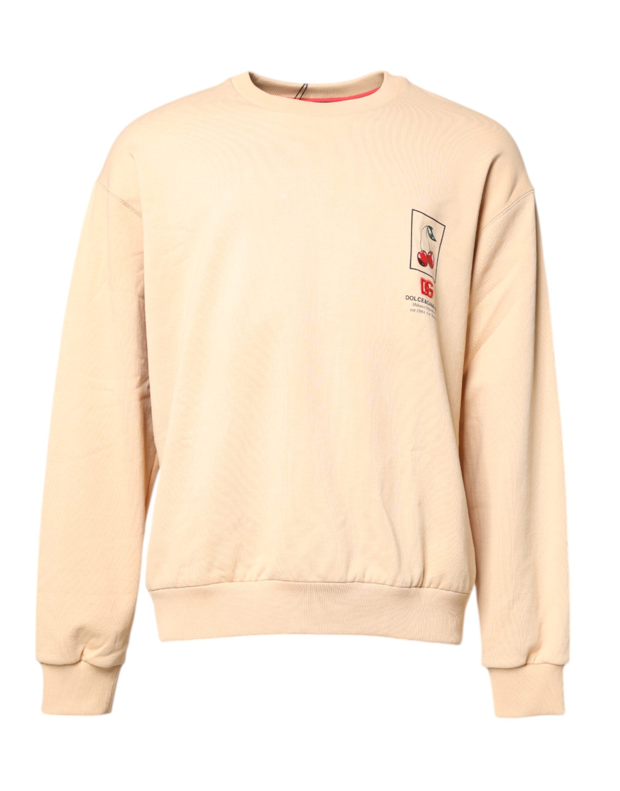 Dolce & Gabbana Beige Cherry Print Crew Neck Pullover Men's Sweater