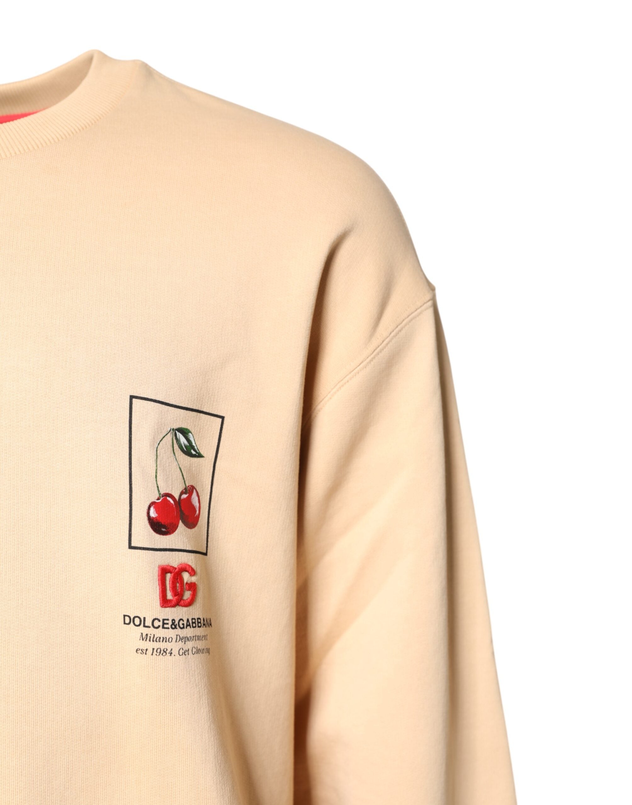 Dolce & Gabbana Beige Cherry Print Crew Neck Pullover Men's Sweater