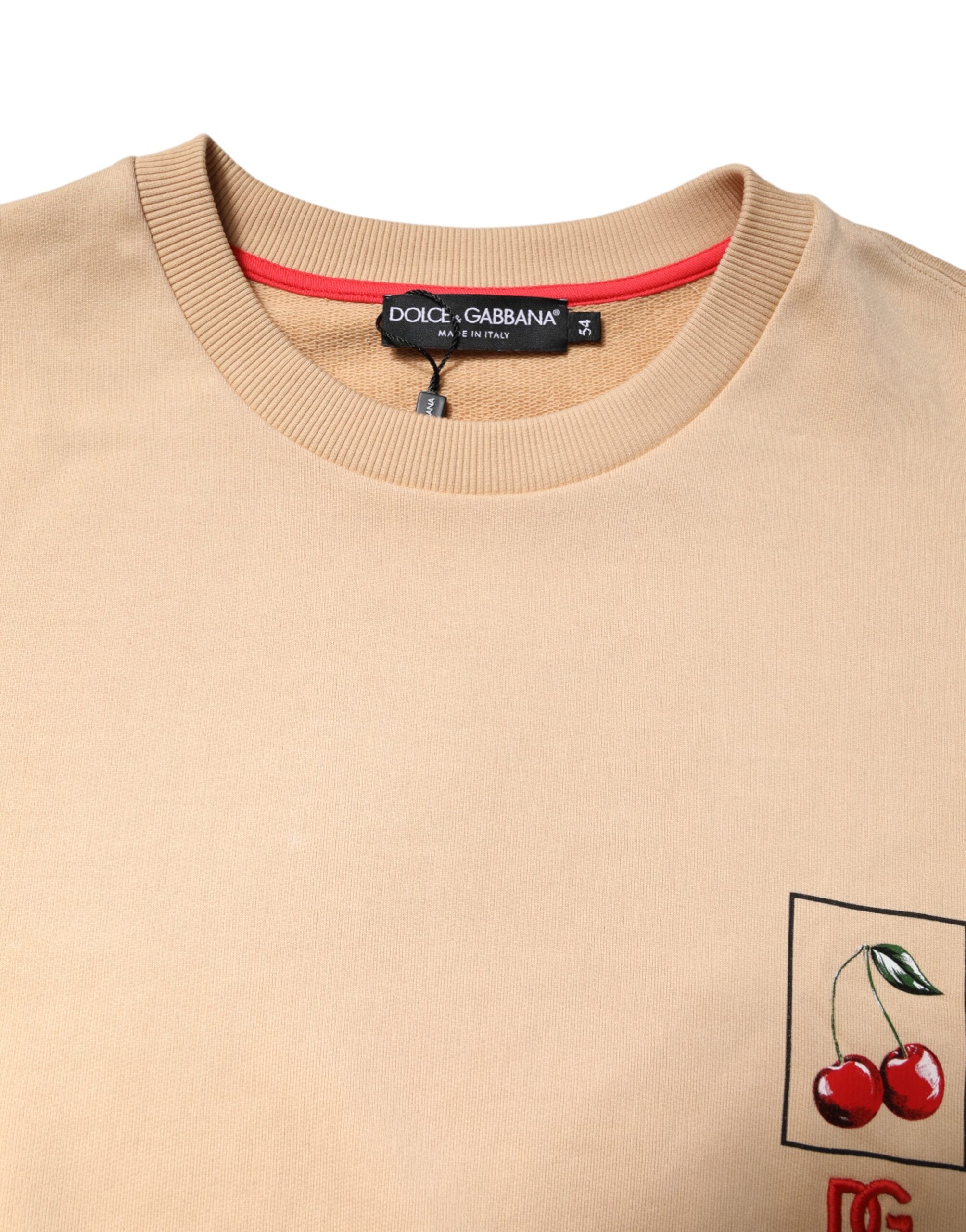 Dolce & Gabbana Beige Cherry Print Crew Neck Pullover Men's Sweater