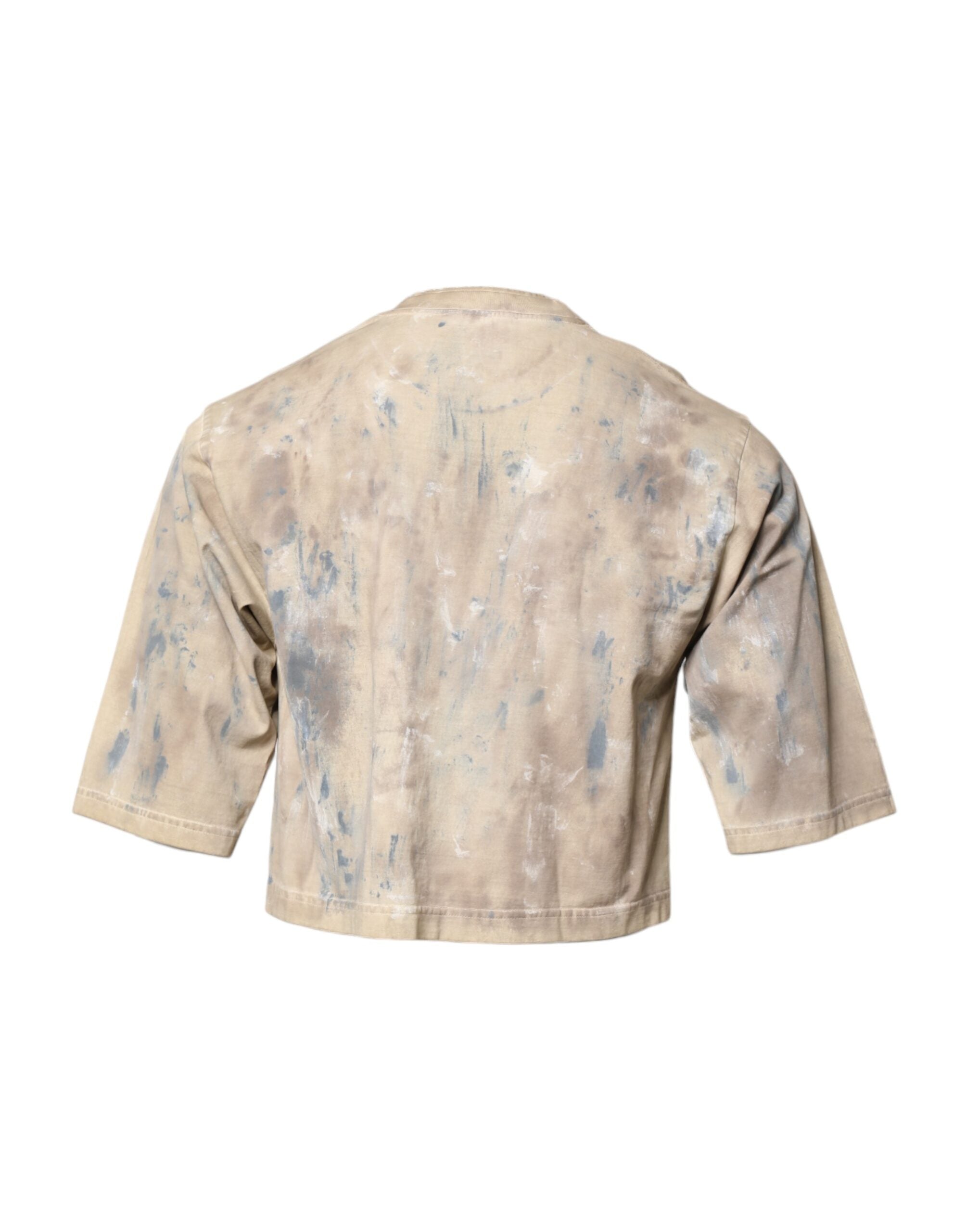 Dolce & Gabbana Beige Tie Dye DG Embroidery Cropped Men's T-shirt