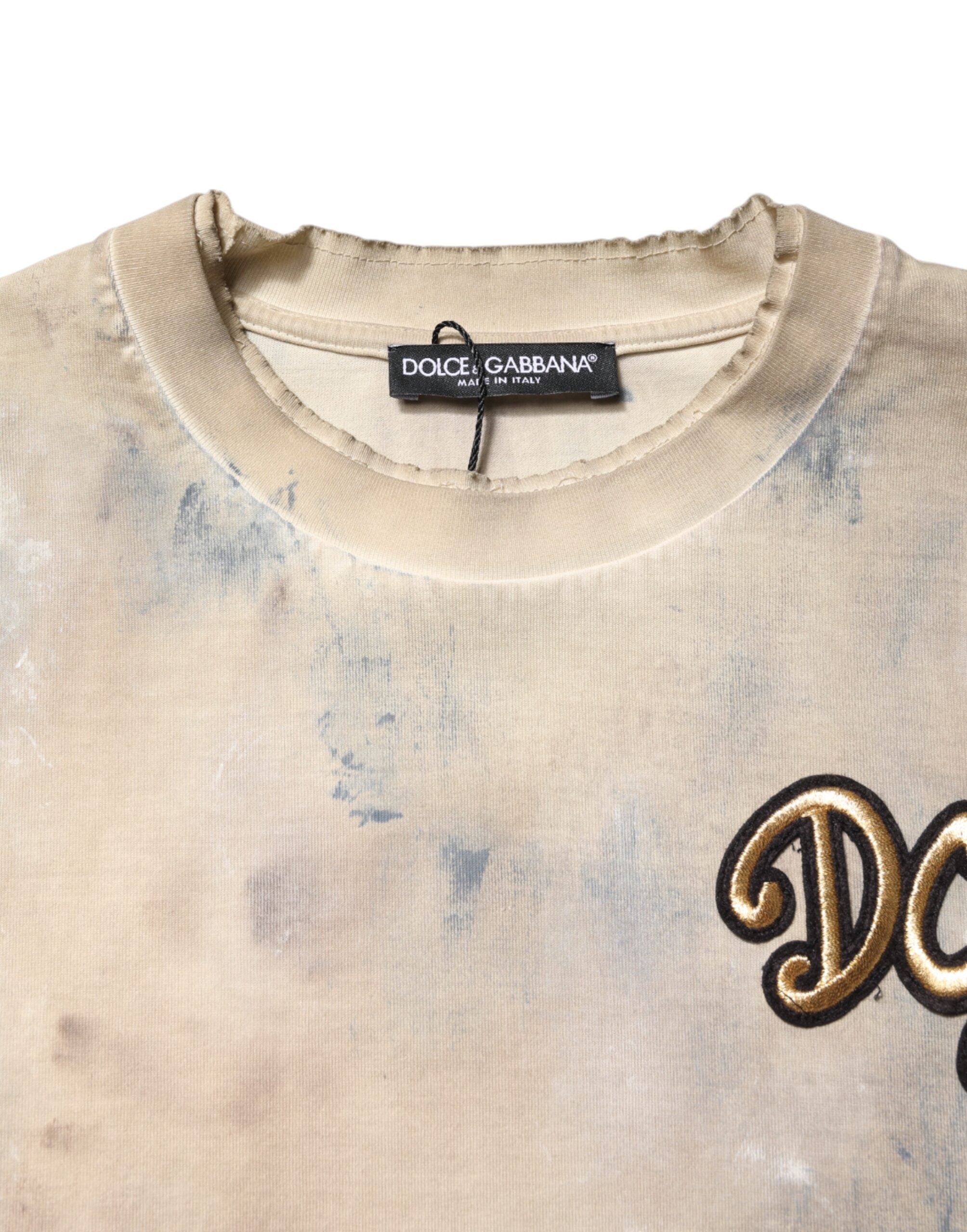 Dolce & Gabbana Beige Tie Dye DG Embroidery Cropped Men's T-shirt