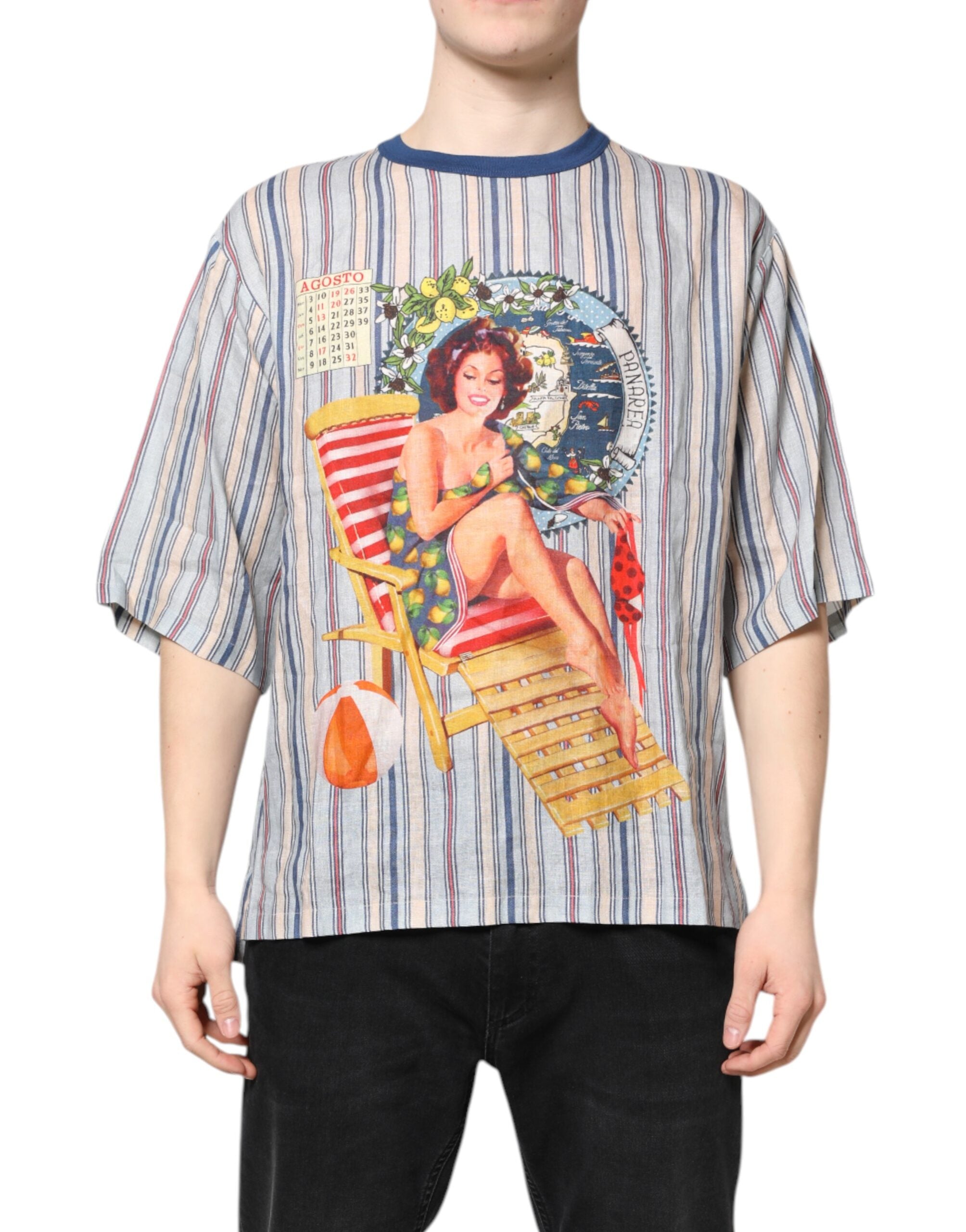 Dolce & Gabbana Multicolor Striped Pin Up Linen Round Neck Men's T-shirt