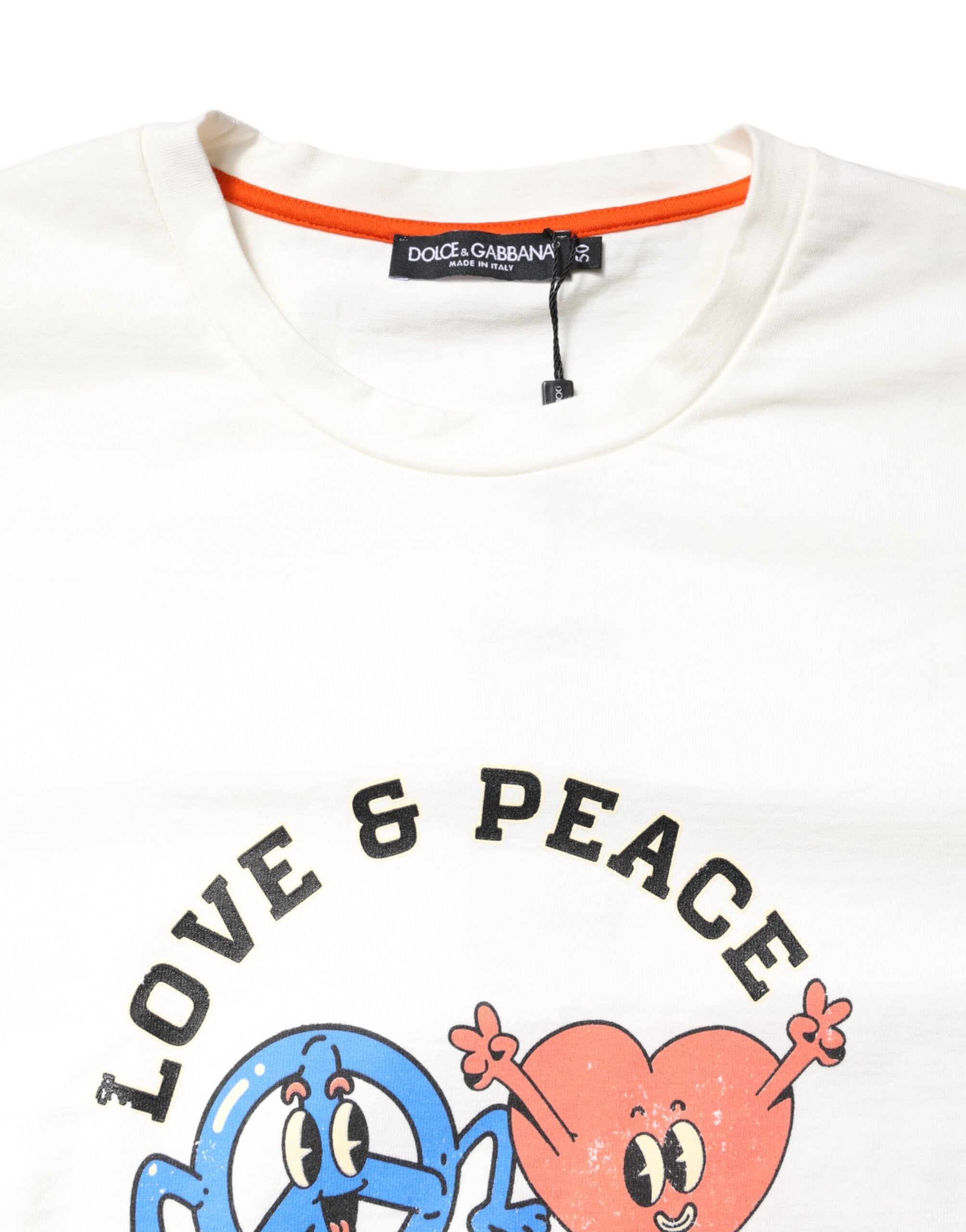 Dolce & Gabbana White LOVE & PEACE Print Crew Neck Men's T-shirt