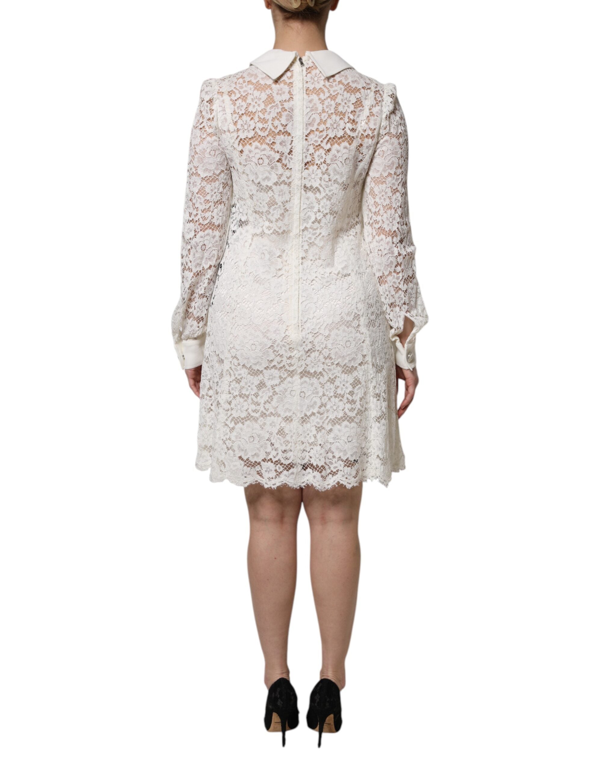 Dolce & Gabbana White Floral Lace Long Sleeves A-line Women's Dress (Pre-Owned)