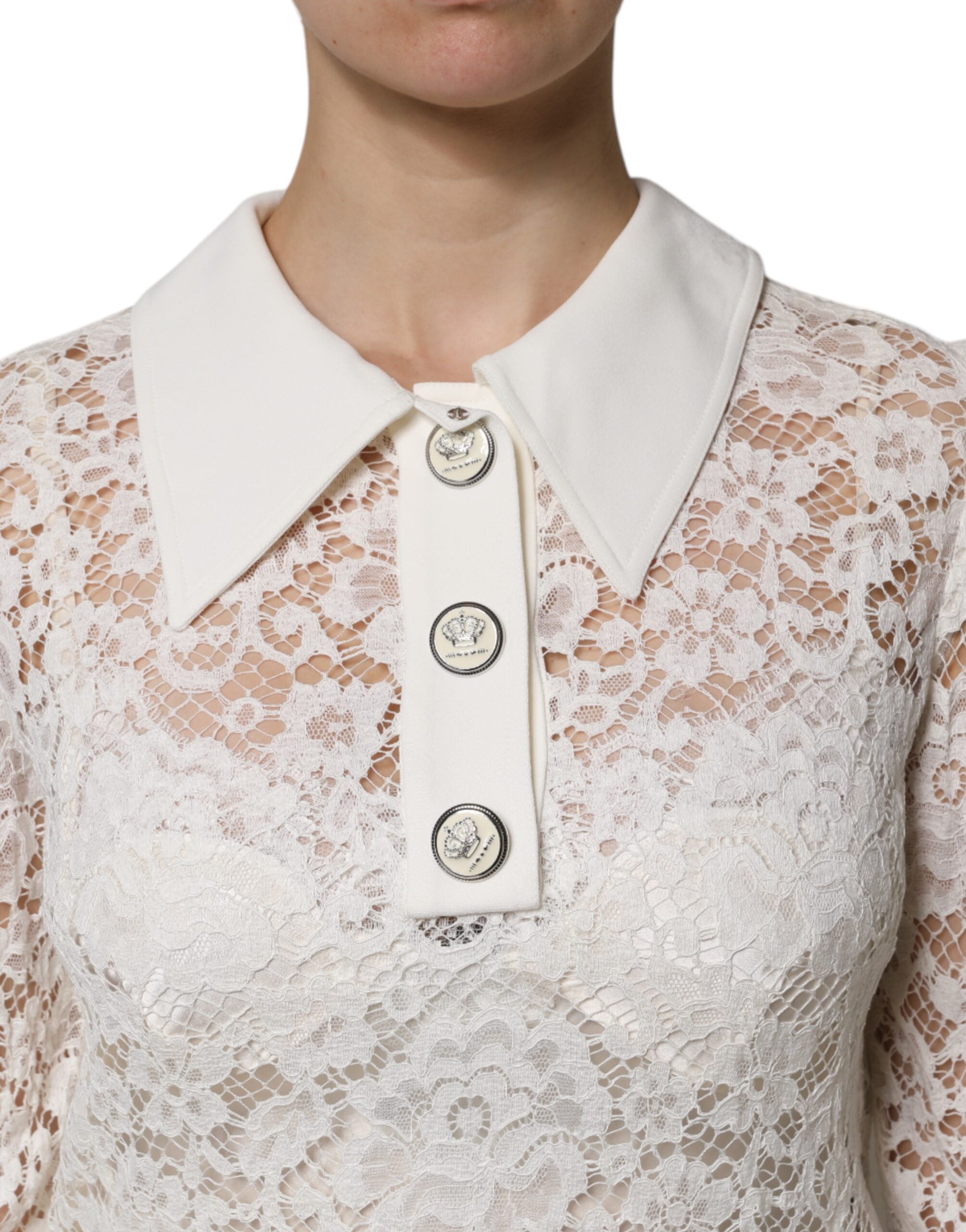 Dolce & Gabbana White Floral Lace Long Sleeves A-line Women's Dress (Pre-Owned)