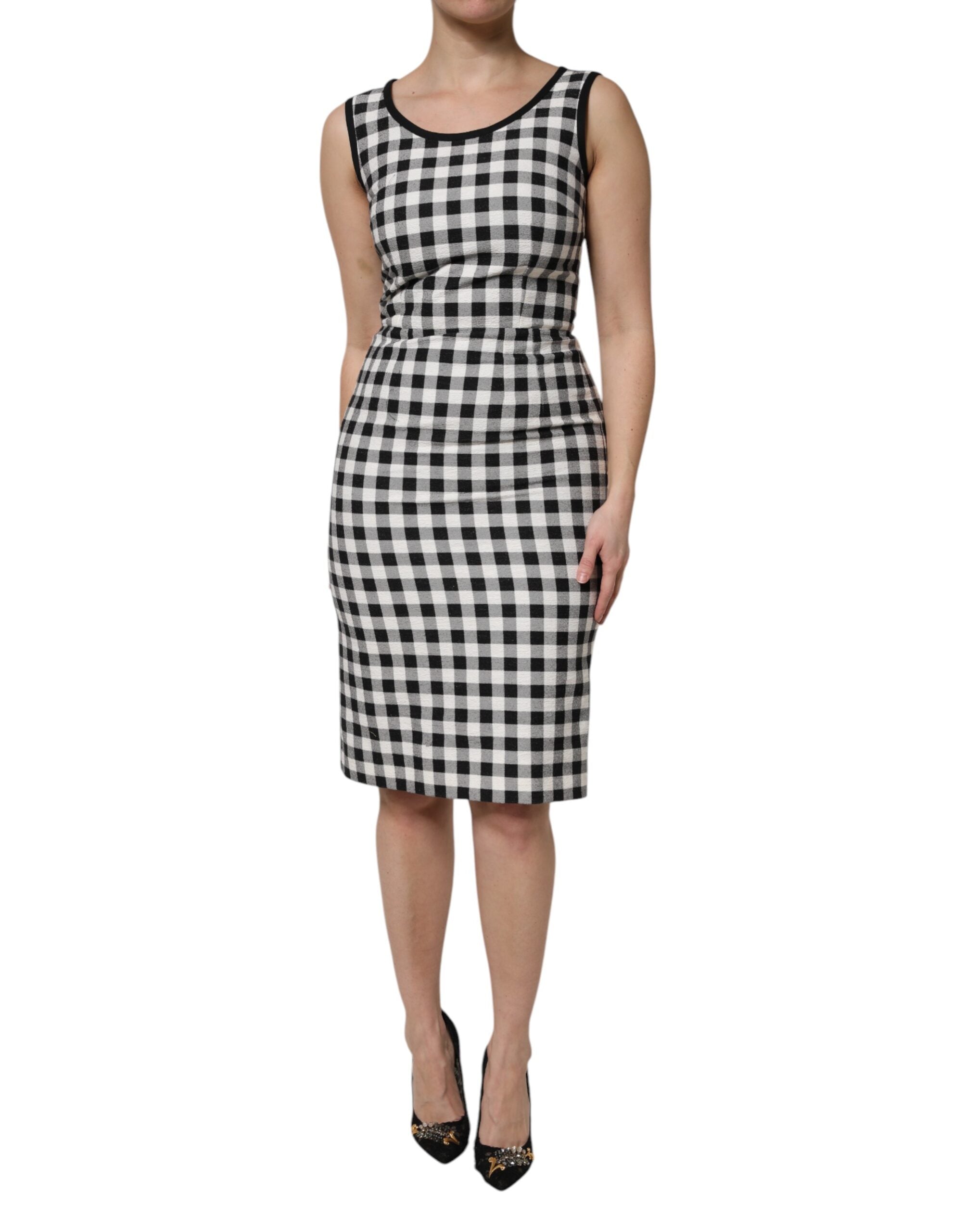 Dolce & Gabbana White Black Checkered Sleeveless Sheath Women's Dress