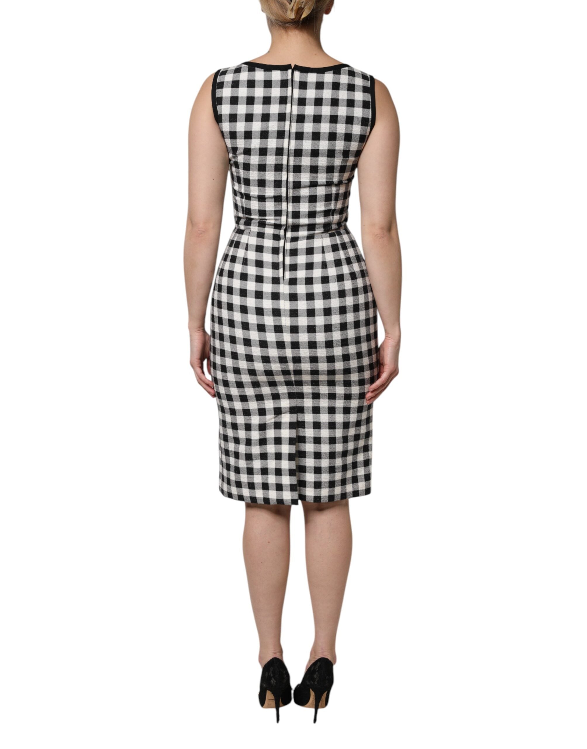 Dolce & Gabbana White Black Checkered Sleeveless Sheath Women's Dress