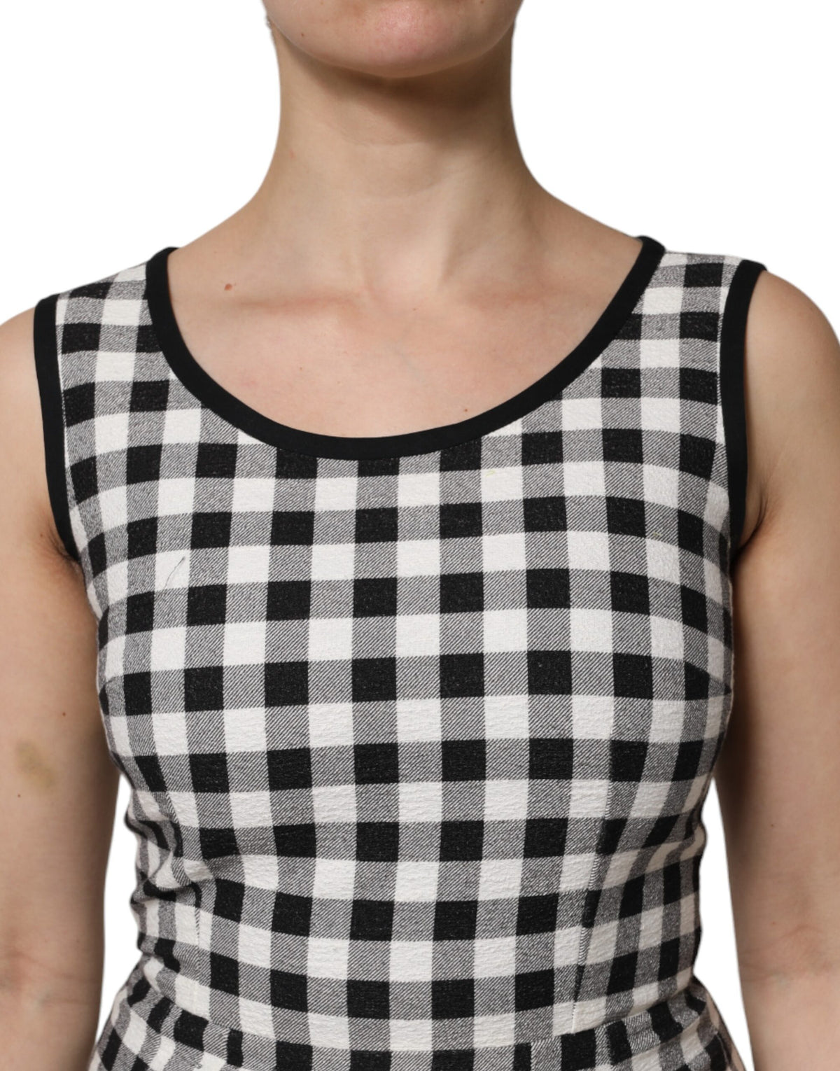 Dolce & Gabbana White Black Checkered Sleeveless Sheath Women's Dress