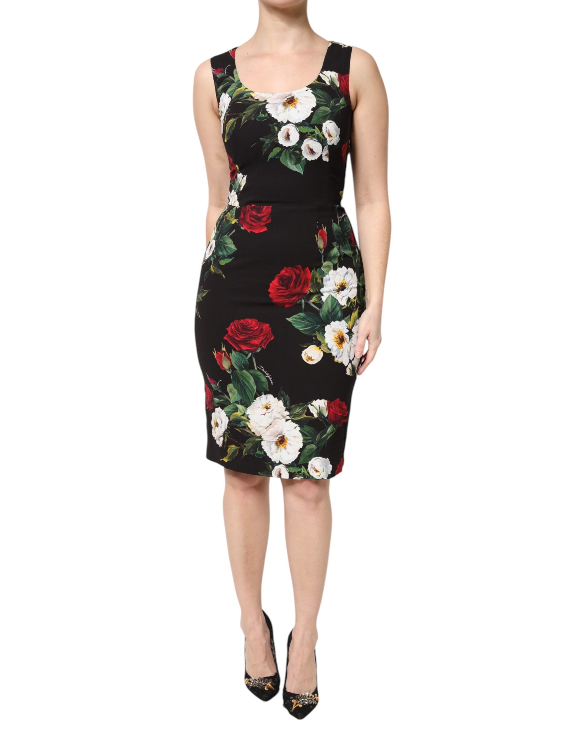 Dolce & Gabbana Black Floral Print Sleeveless Sheath Women's Dress