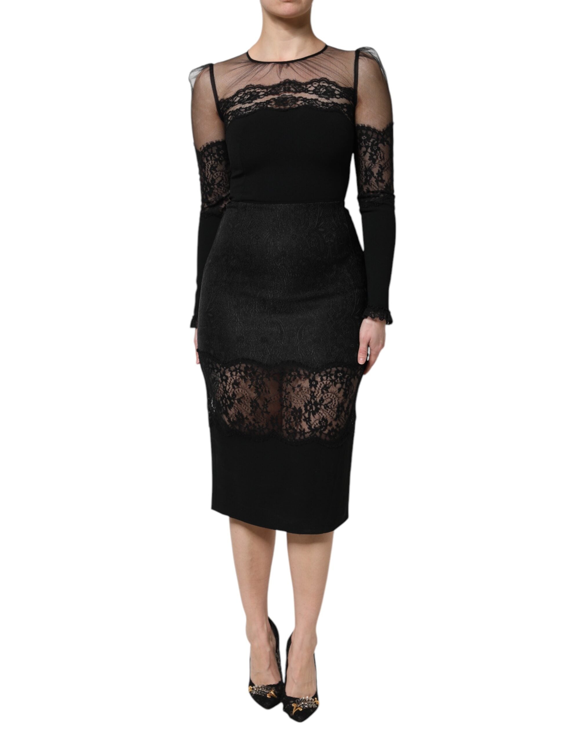 Dolce & Gabbana Black Lace Trim Nylon Tulle Sheath Midi Women's Dress (Pre-Owned)