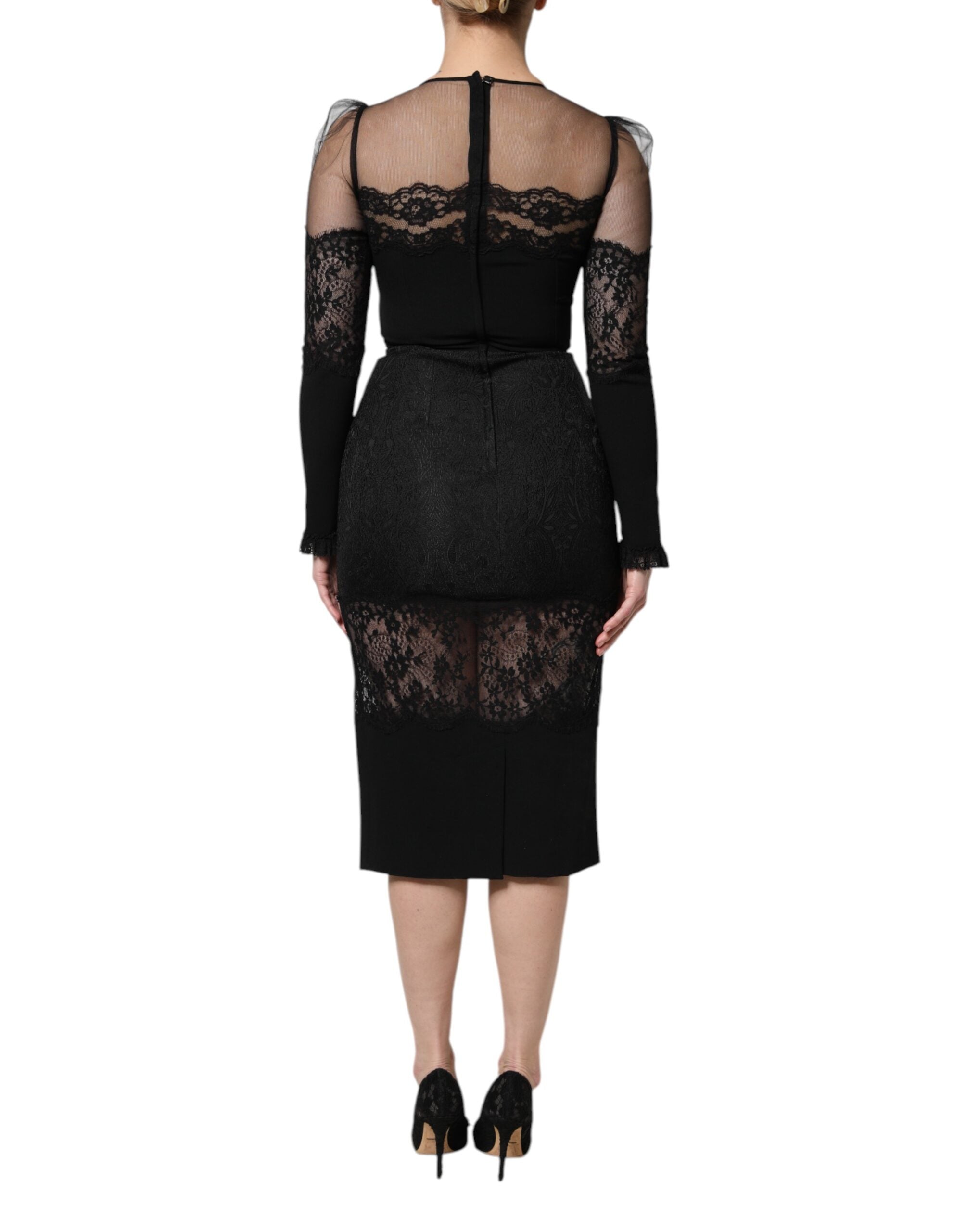Dolce & Gabbana Black Lace Trim Nylon Tulle Sheath Midi Women's Dress (Pre-Owned)
