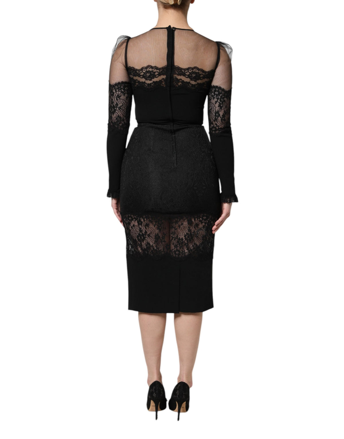 Dolce & Gabbana Black Lace Trim Nylon Tulle Sheath Midi Women's Dress (Pre-Owned)