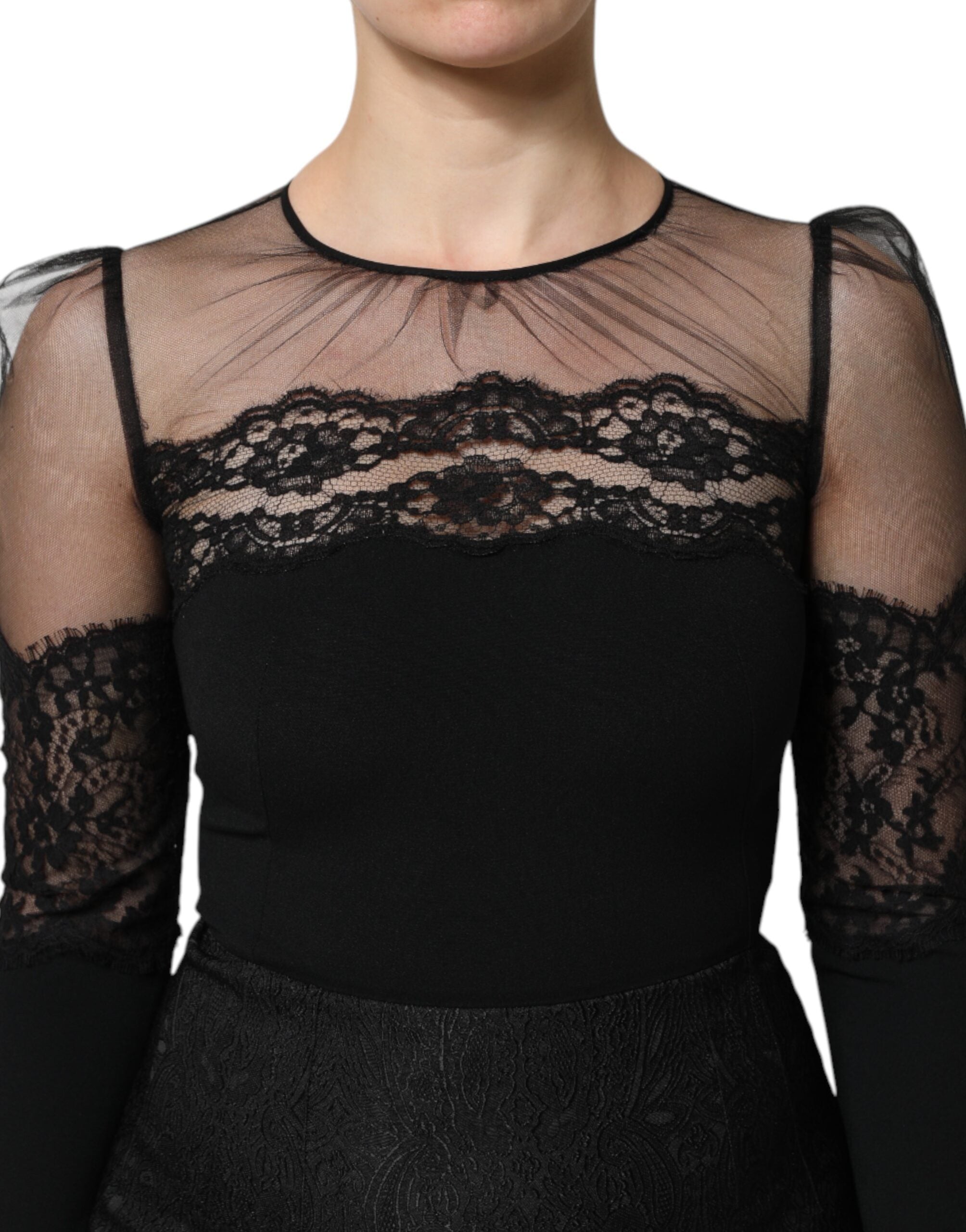 Dolce & Gabbana Black Lace Trim Nylon Tulle Sheath Midi Women's Dress (Pre-Owned)