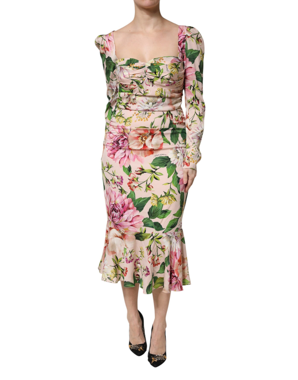 Dolce & Gabbana Pink Floral Silk Fit And Flared Midi Women's Dress