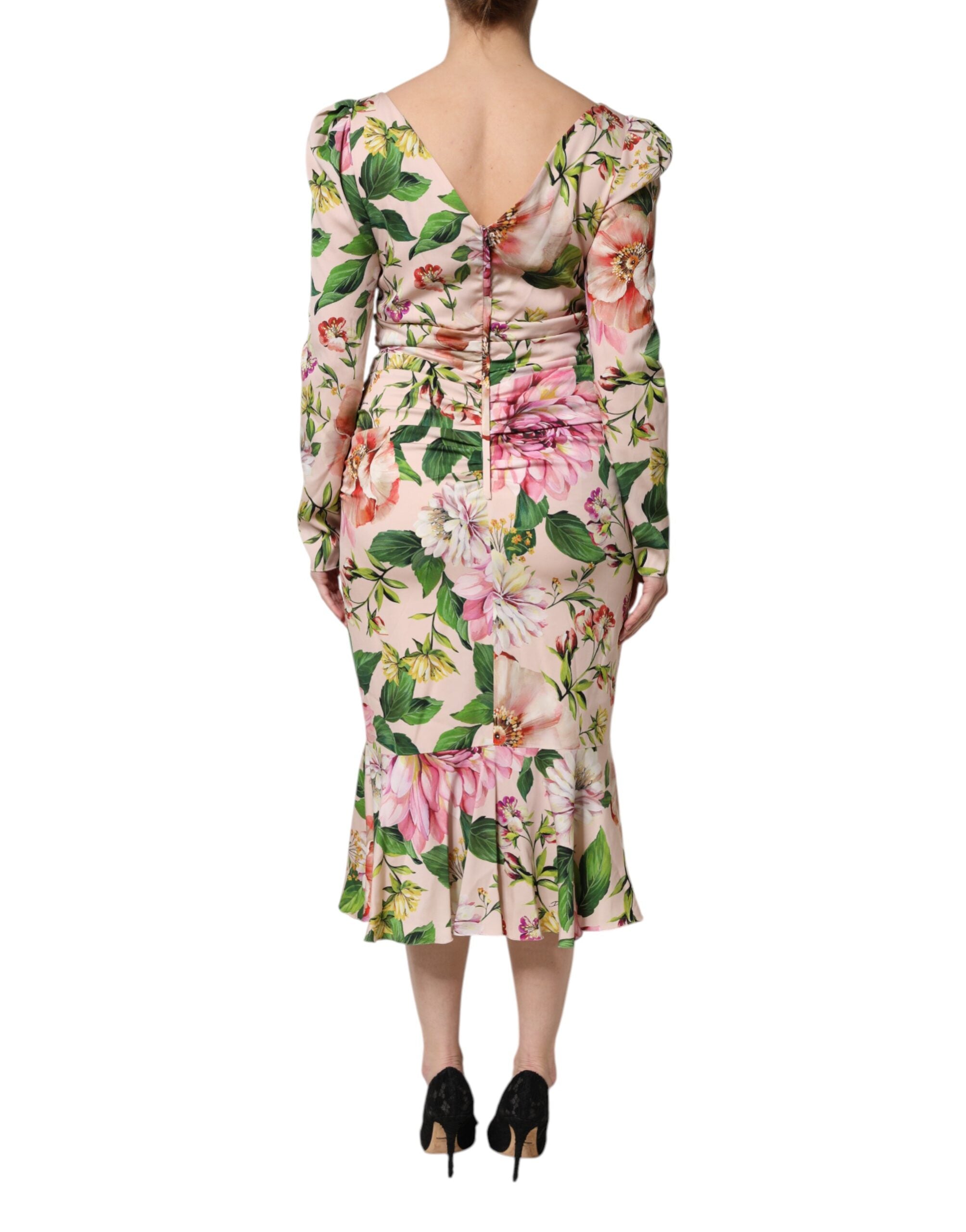 Dolce & Gabbana Pink Floral Silk Fit And Flared Midi Women's Dress
