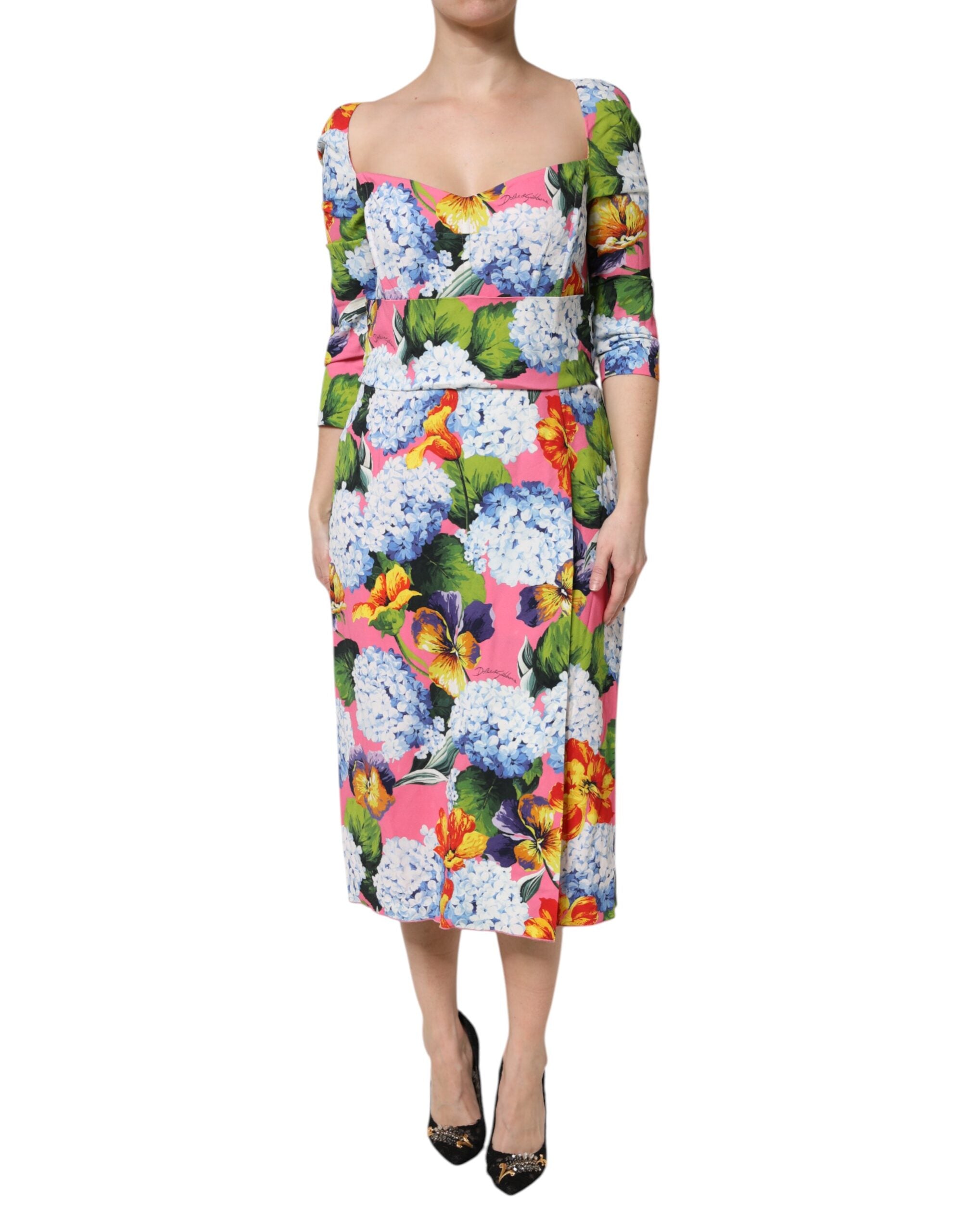 Dolce & Gabbana Multicolor Floral Pleated Sheath Midi Women's Dress
