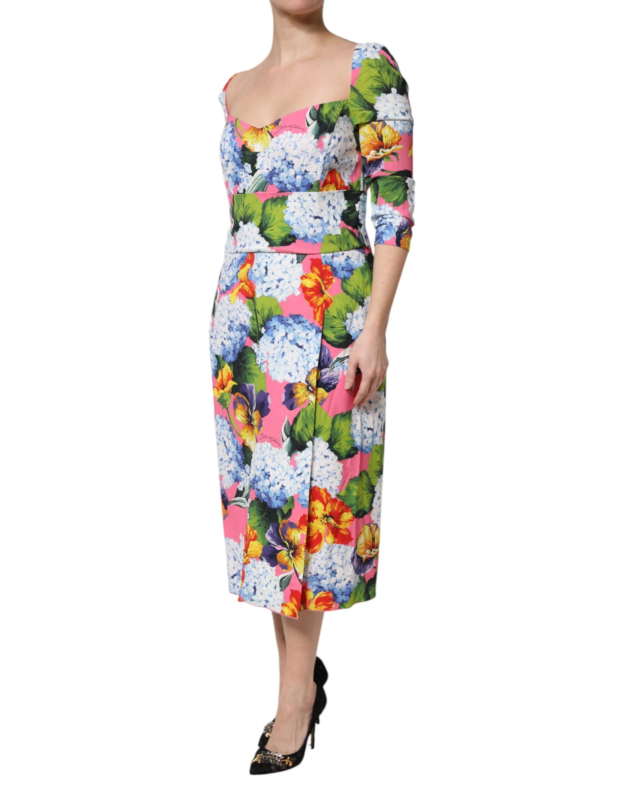 Dolce & Gabbana Multicolor Floral Pleated Sheath Midi Women's Dress