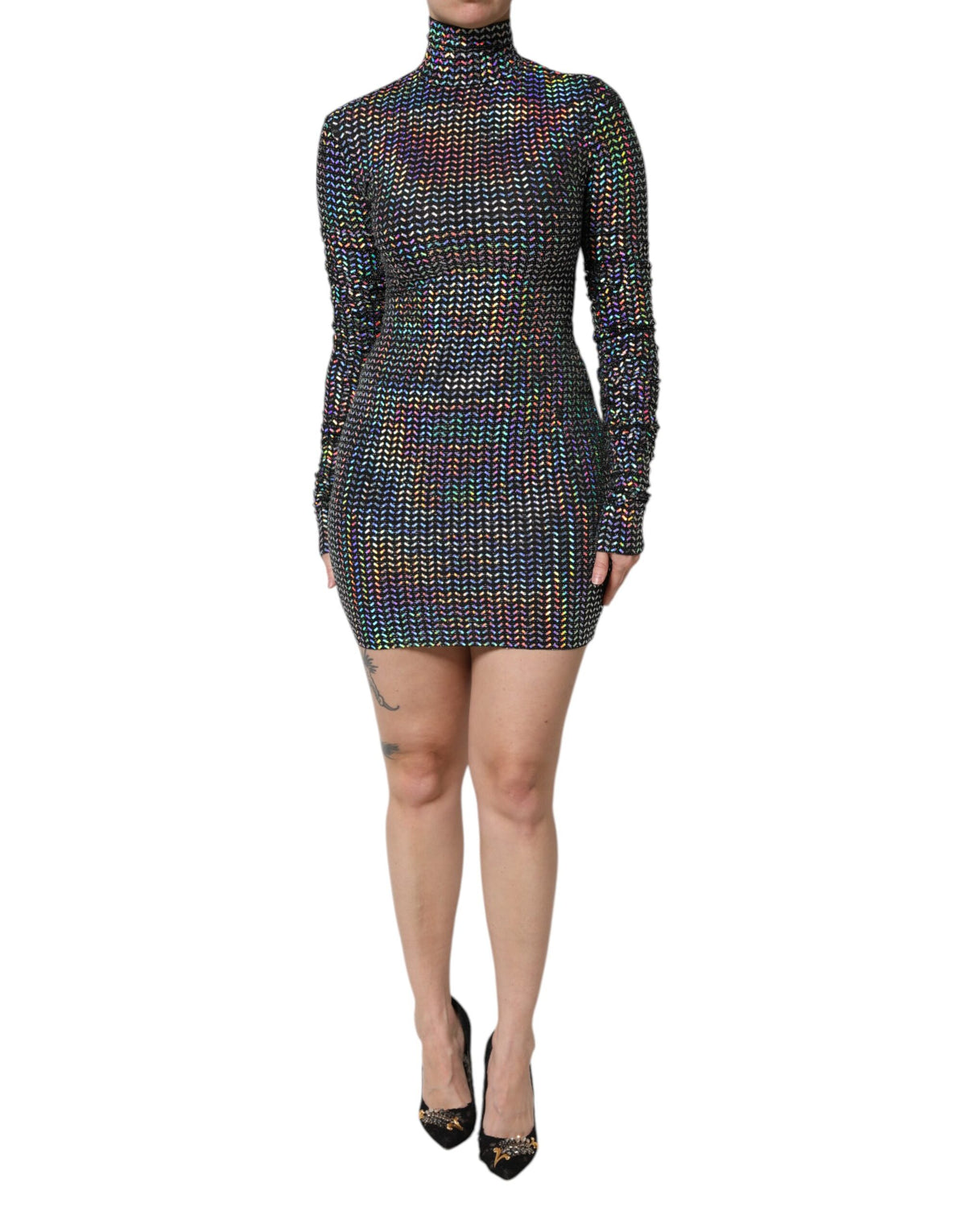Dolce & Gabbana Black Embellished Nylon Bodycon Mini Women's Dress (Pre-Owned)